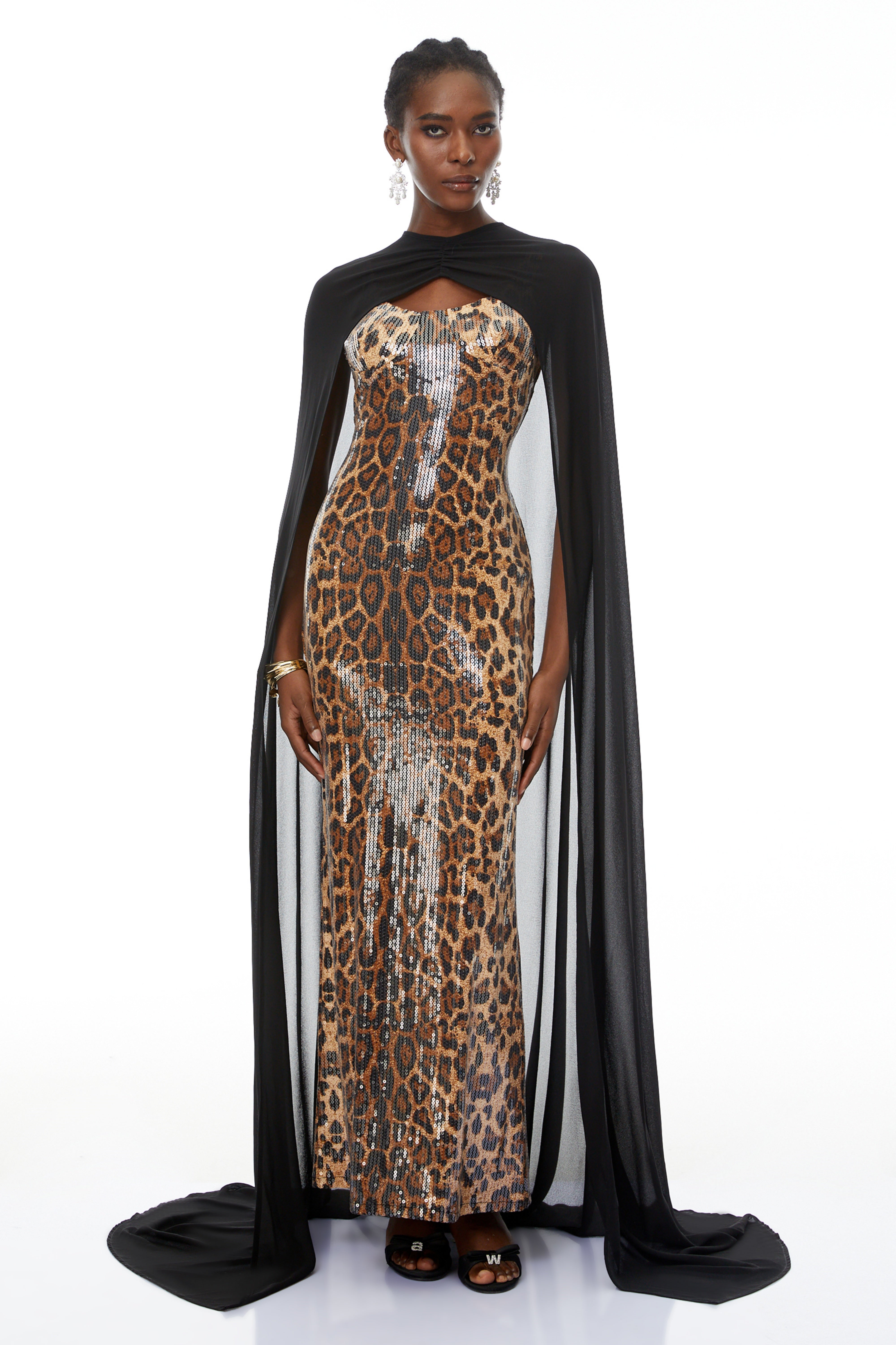 Lorenzo Black Cape & Leopard Print Maxi Dress Set