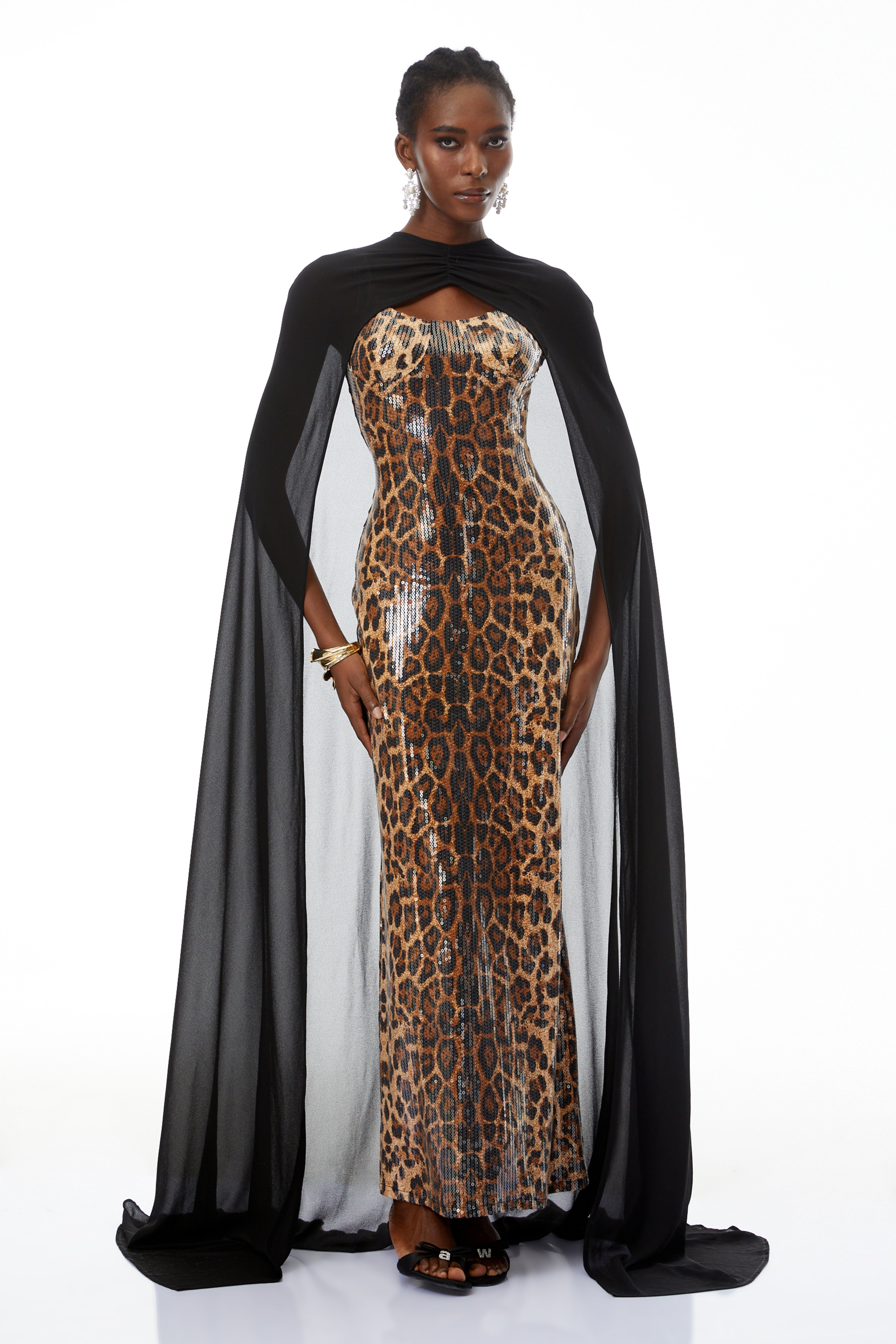 Lorenzo Black Cape & Leopard Print Maxi Dress Set (Final Sale-US Only)