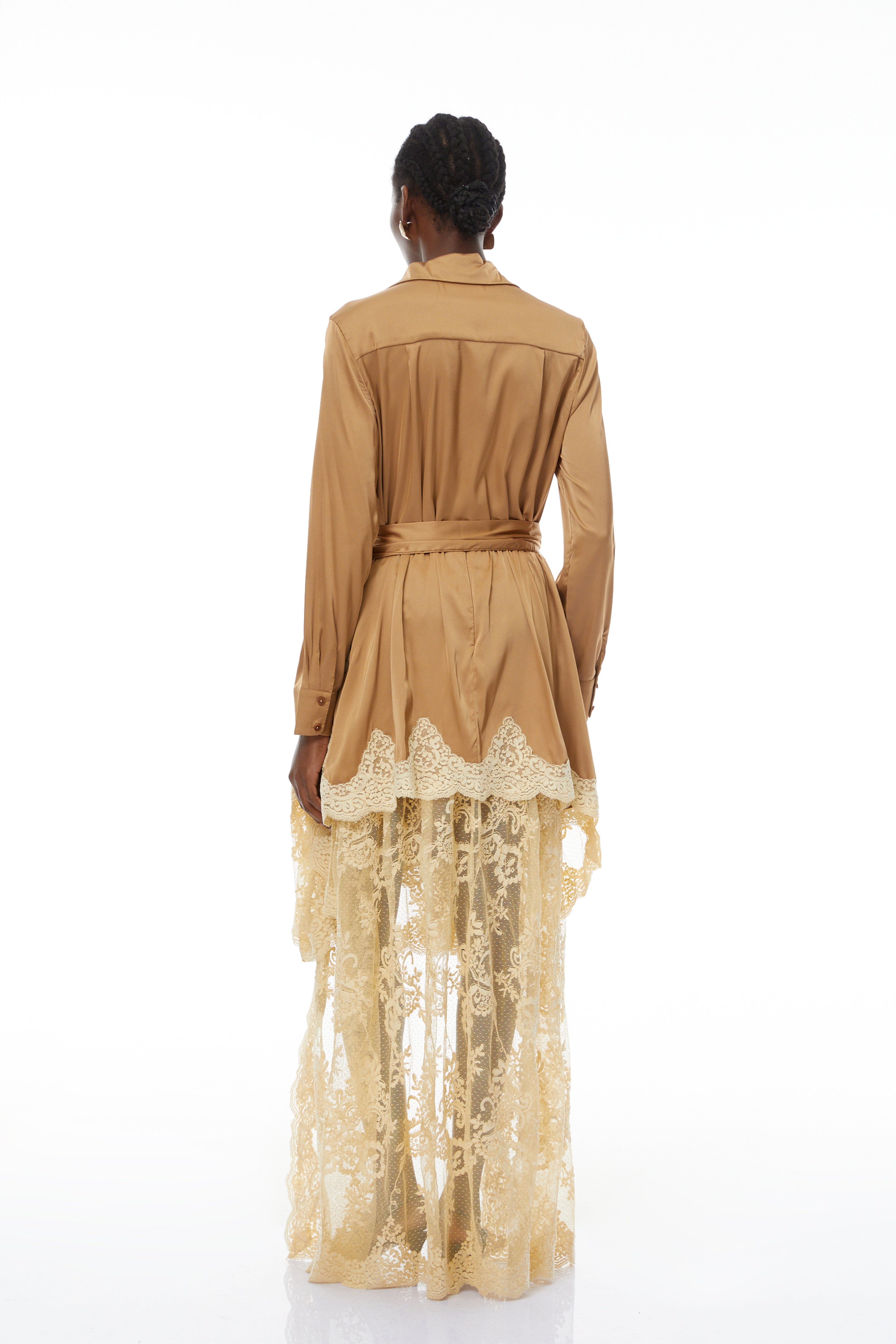 Pascale Brown Satin Shirt & Lace Skirt Set