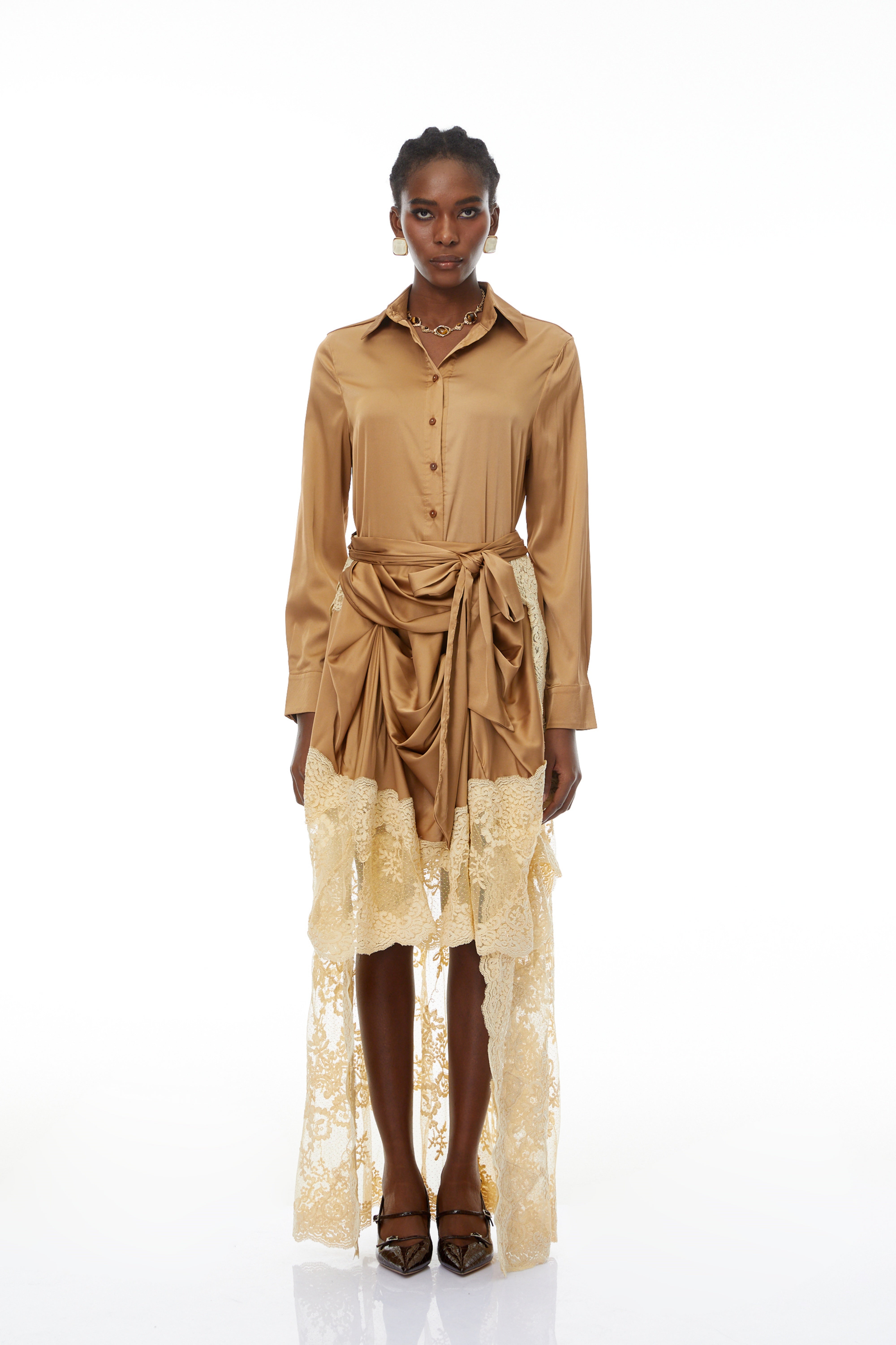 Pascale Brown Satin Shirt & Lace Skirt Set