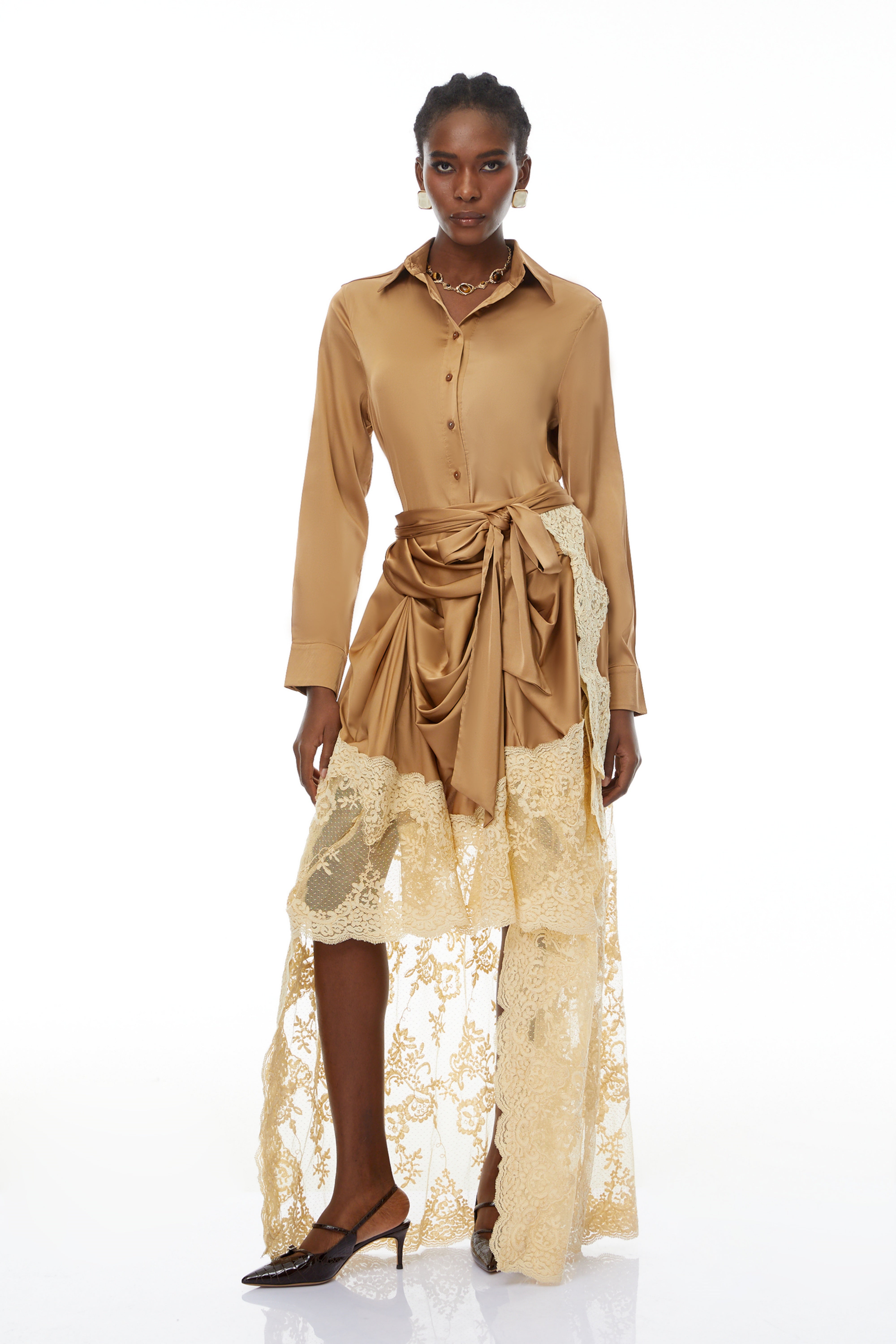 Pascale Brown Satin Shirt & Lace Skirt Set  (Final Sale-US Only)