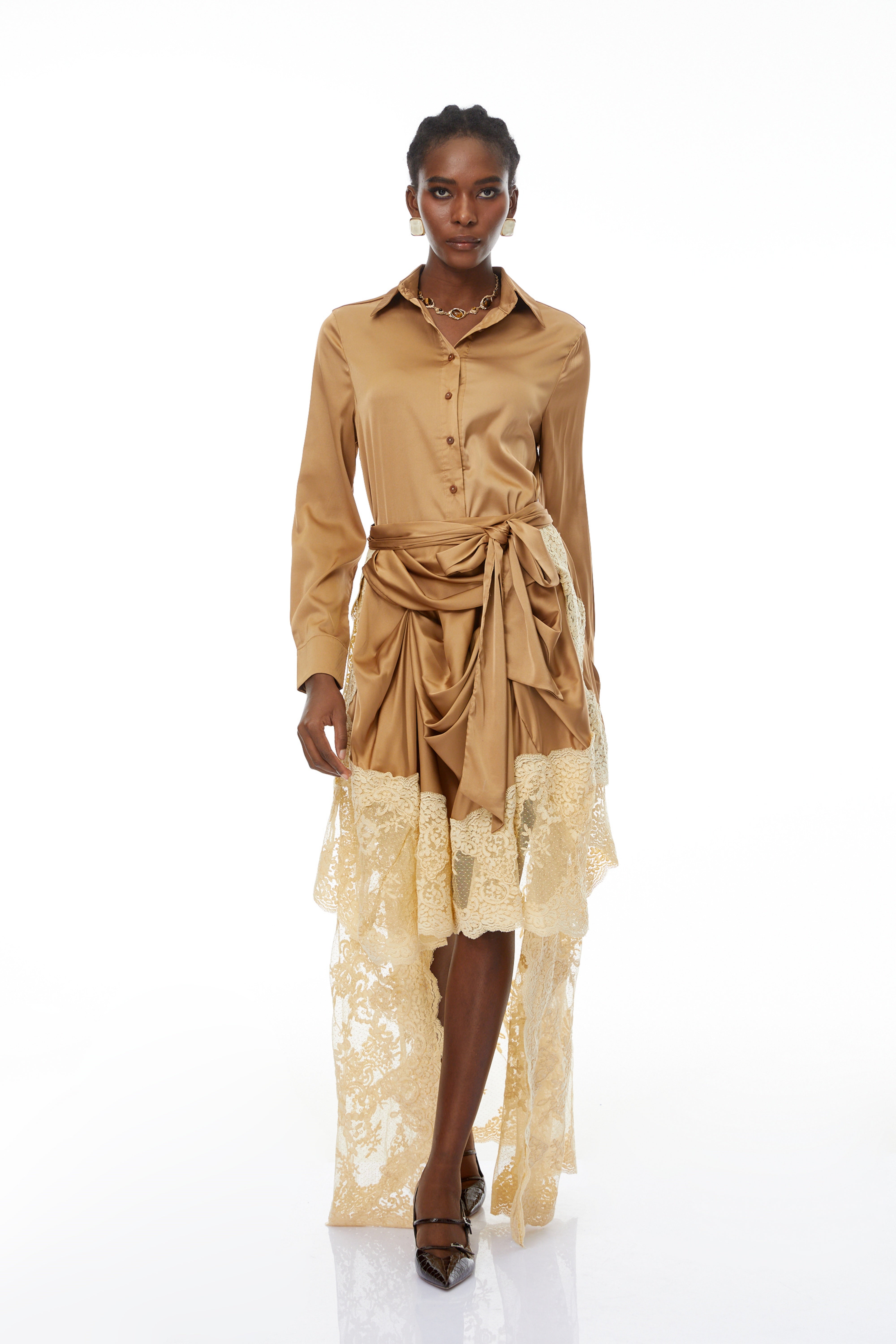 Pascale Brown Satin Shirt & Lace Skirt Set