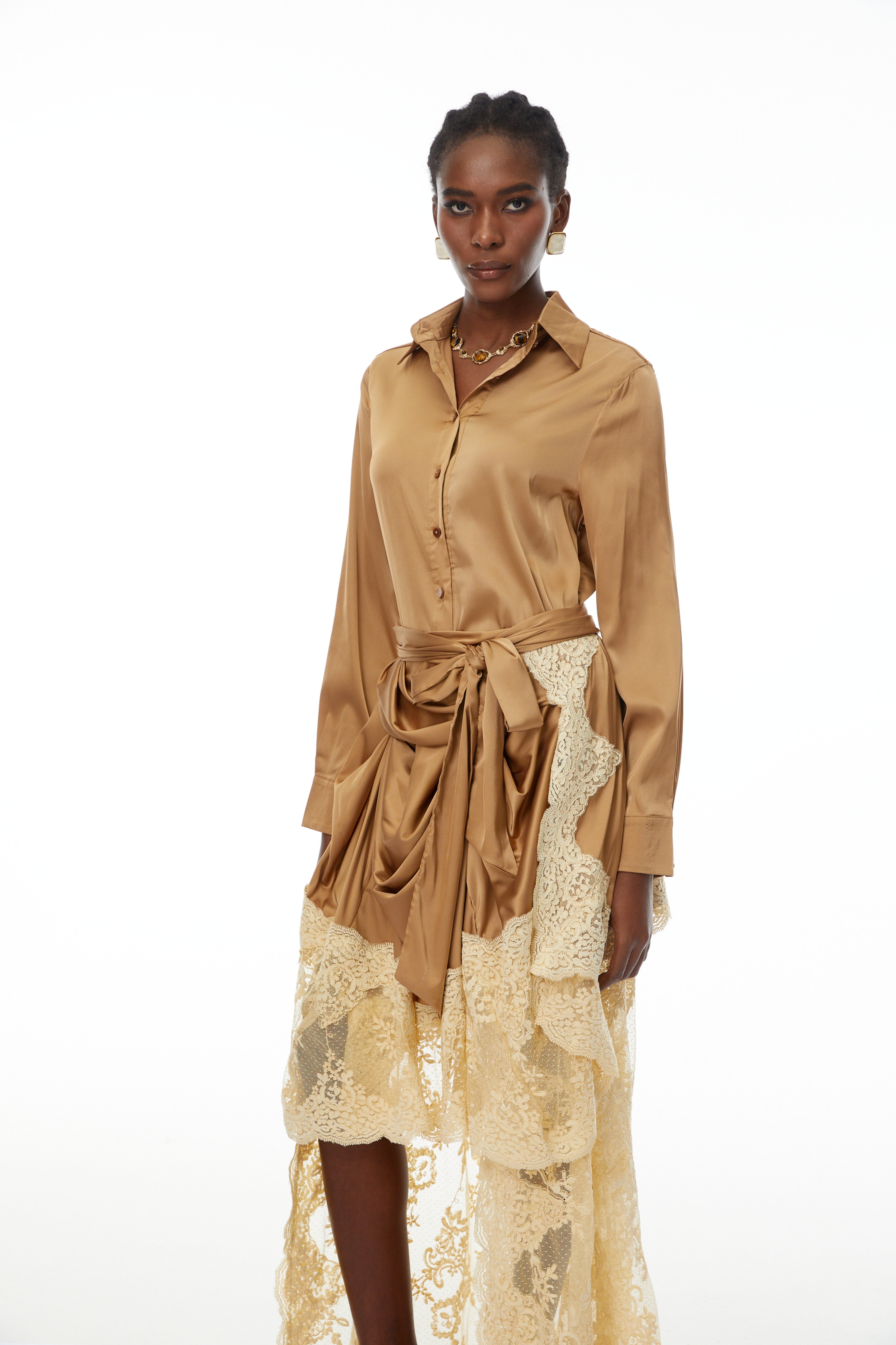 Pascale Brown Satin Shirt & Lace Skirt Set  (Final Sale-US Only)
