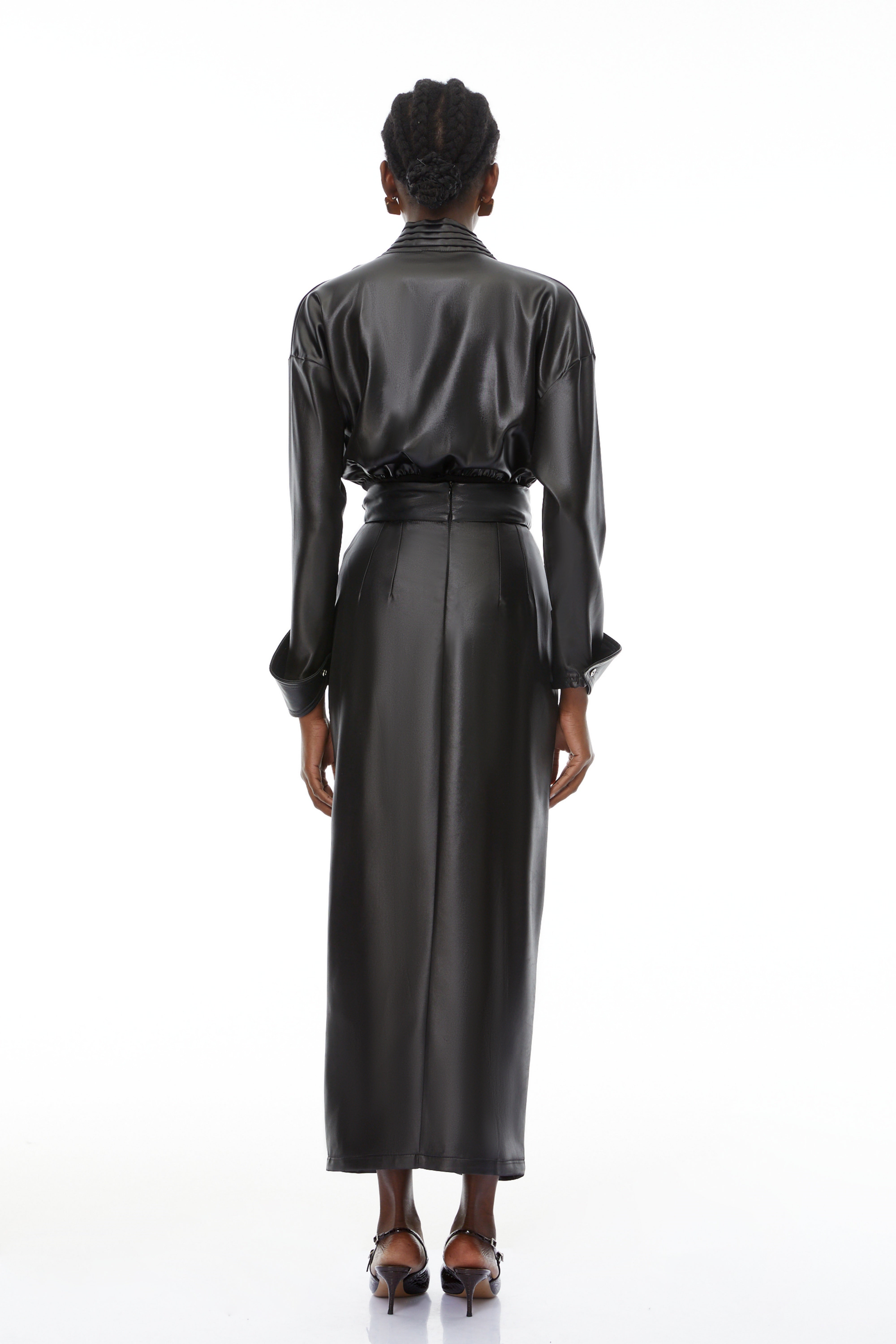 Rocío Black Leather Bodysuit & Skirt Set