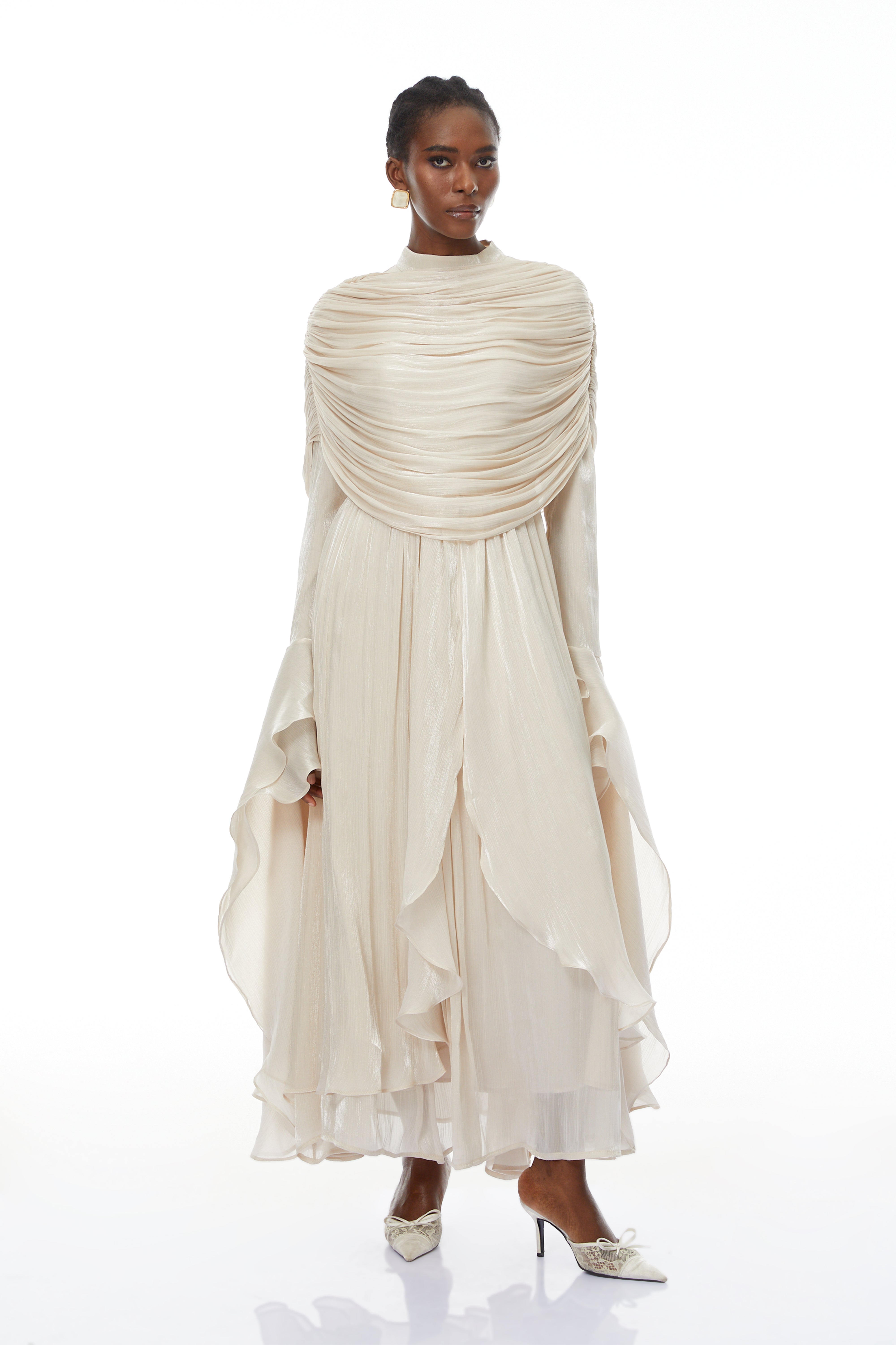 Gustave Neutral Ruched Cape Ruffled Maxi Dress (Final Sale-US Only)