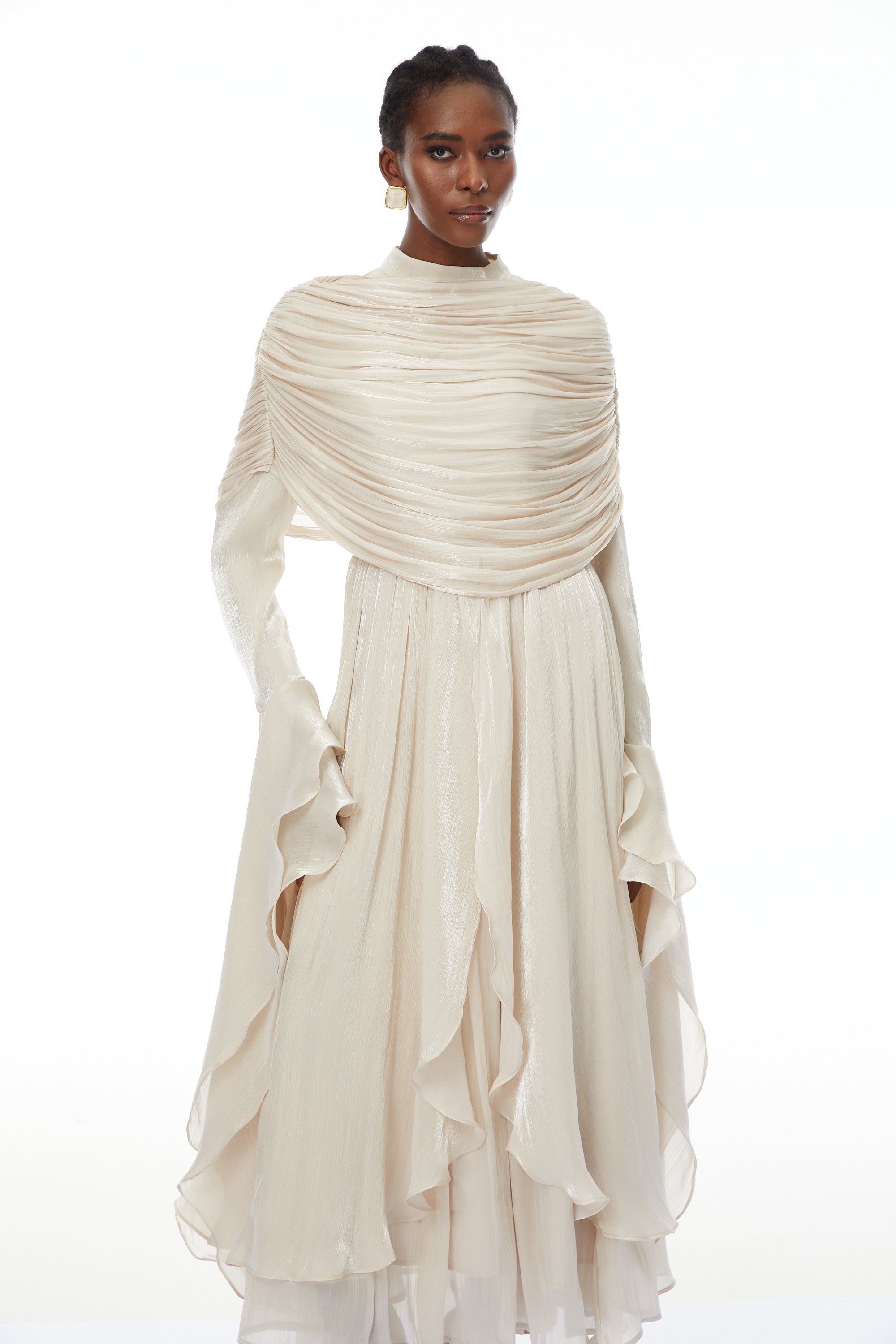 Gustave Neutral Ruched Cape Ruffled Maxi Dress (Final Sale-US Only)