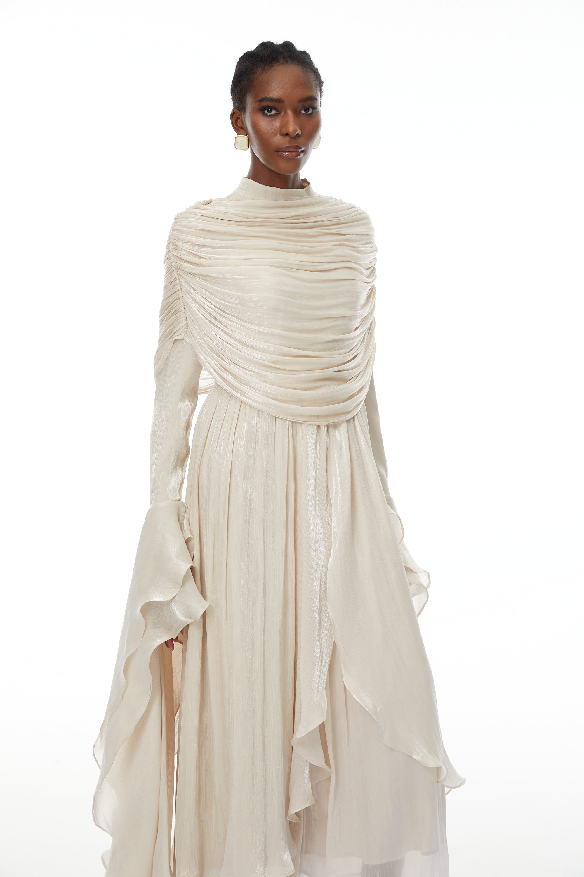 Gustave Neutral Ruched Cape Ruffled Maxi Dress (Final Sale-US Only)