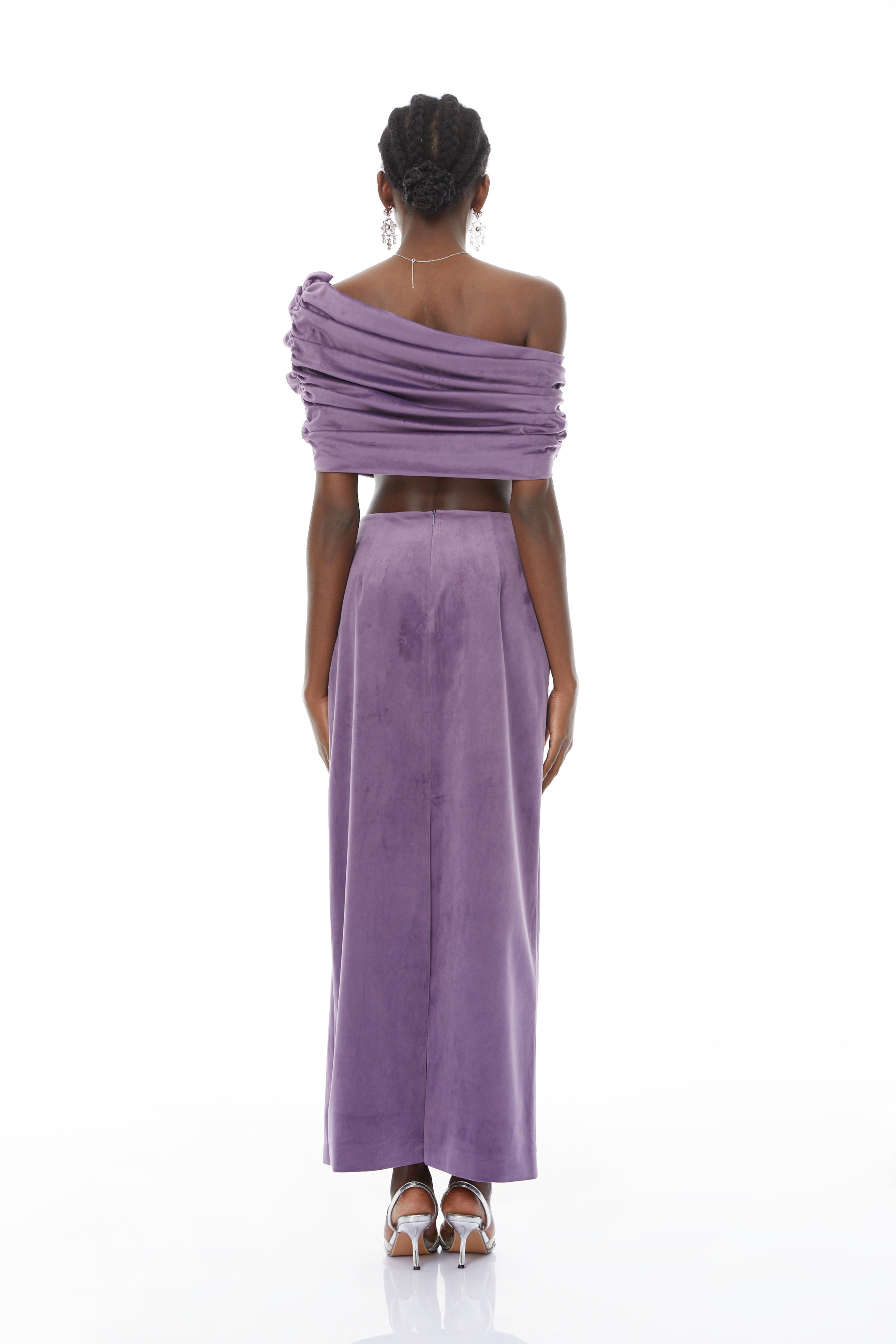 Frederica Purple Asymmetrical Velvet Top & Skirt Set
