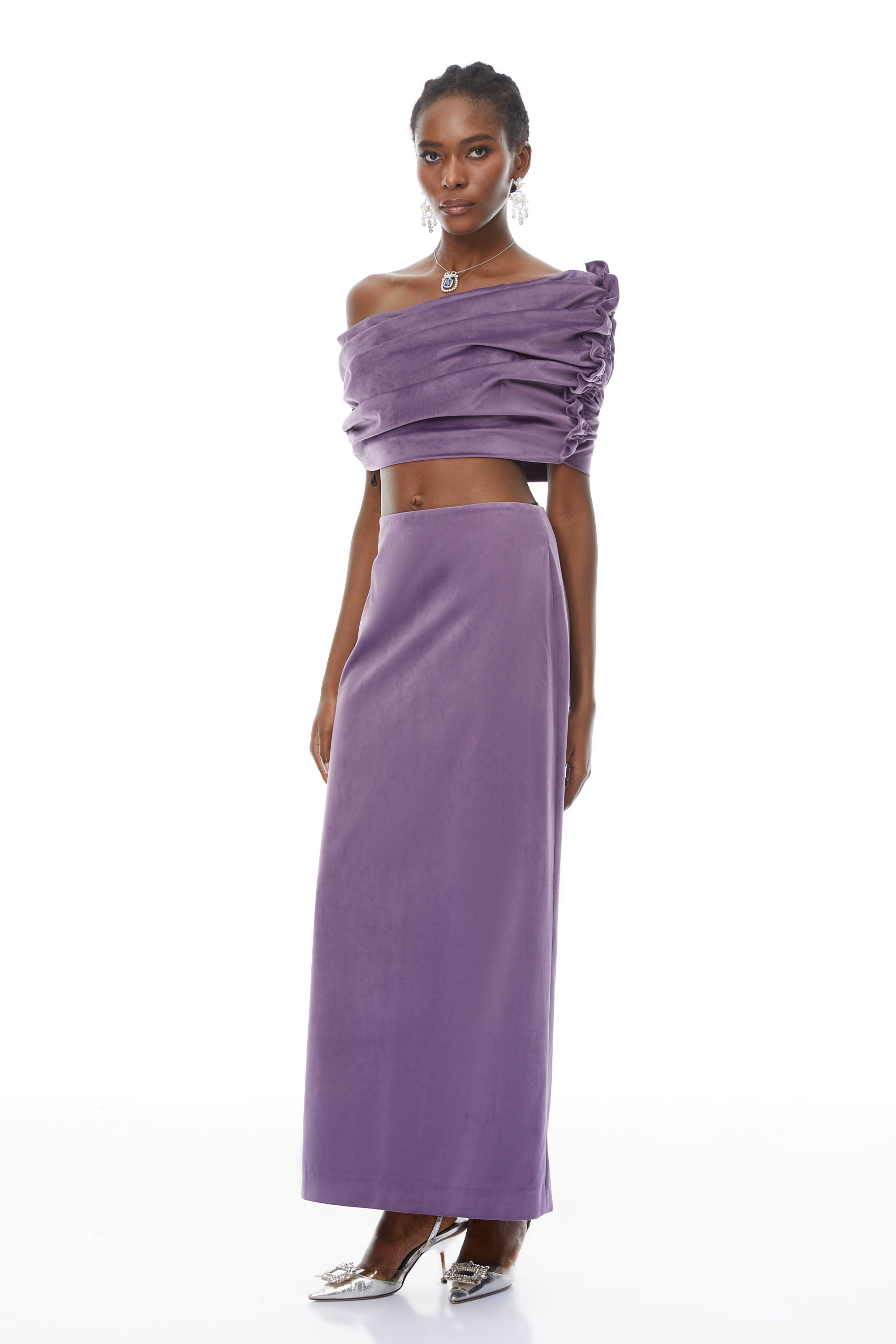 Frederica Purple Asymmetrical Velvet Top & Skirt Set