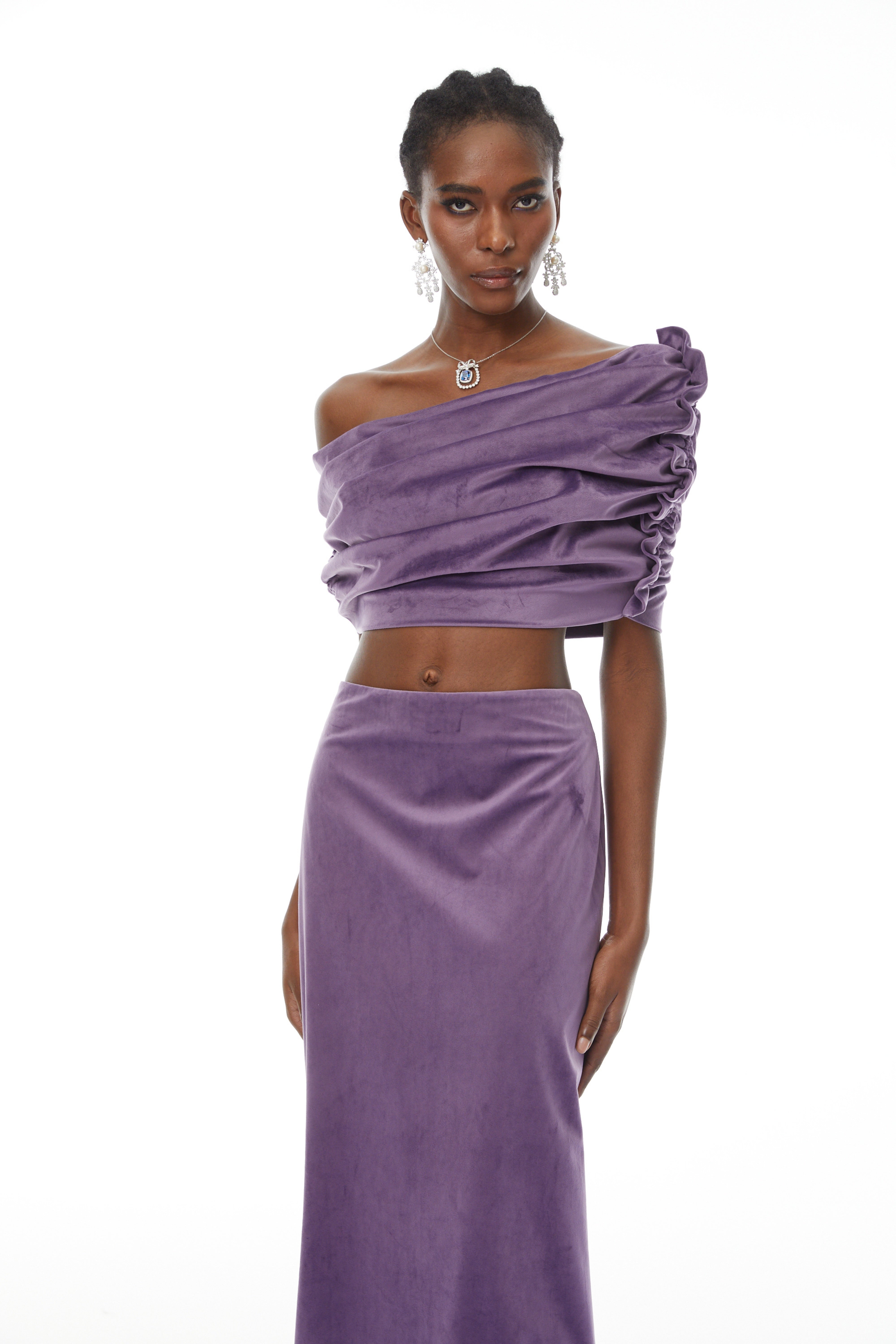 Frederica Purple Asymmetrical Velvet Top & Skirt Set