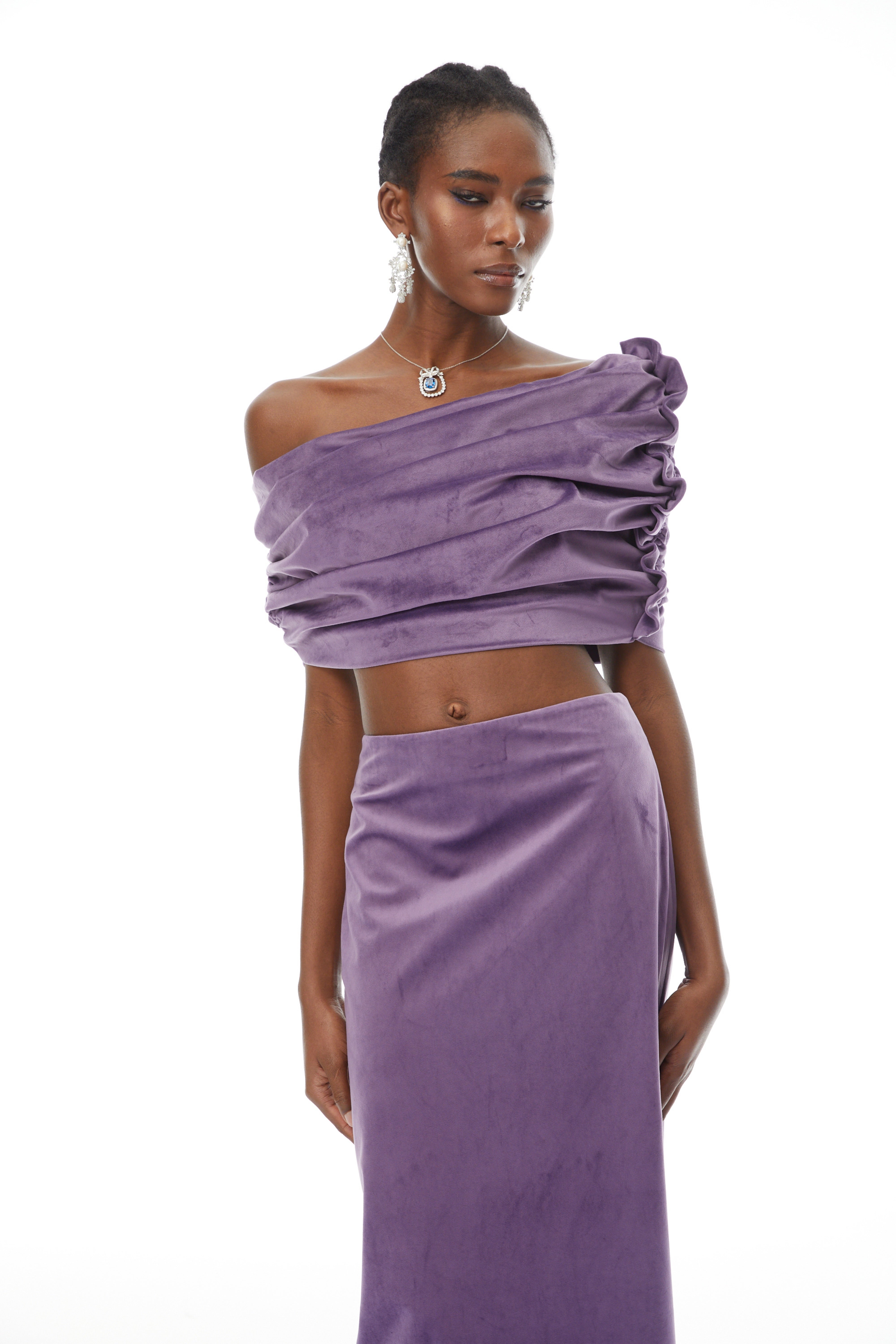 Frederica Purple Asymmetrical Velvet Top & Skirt Set