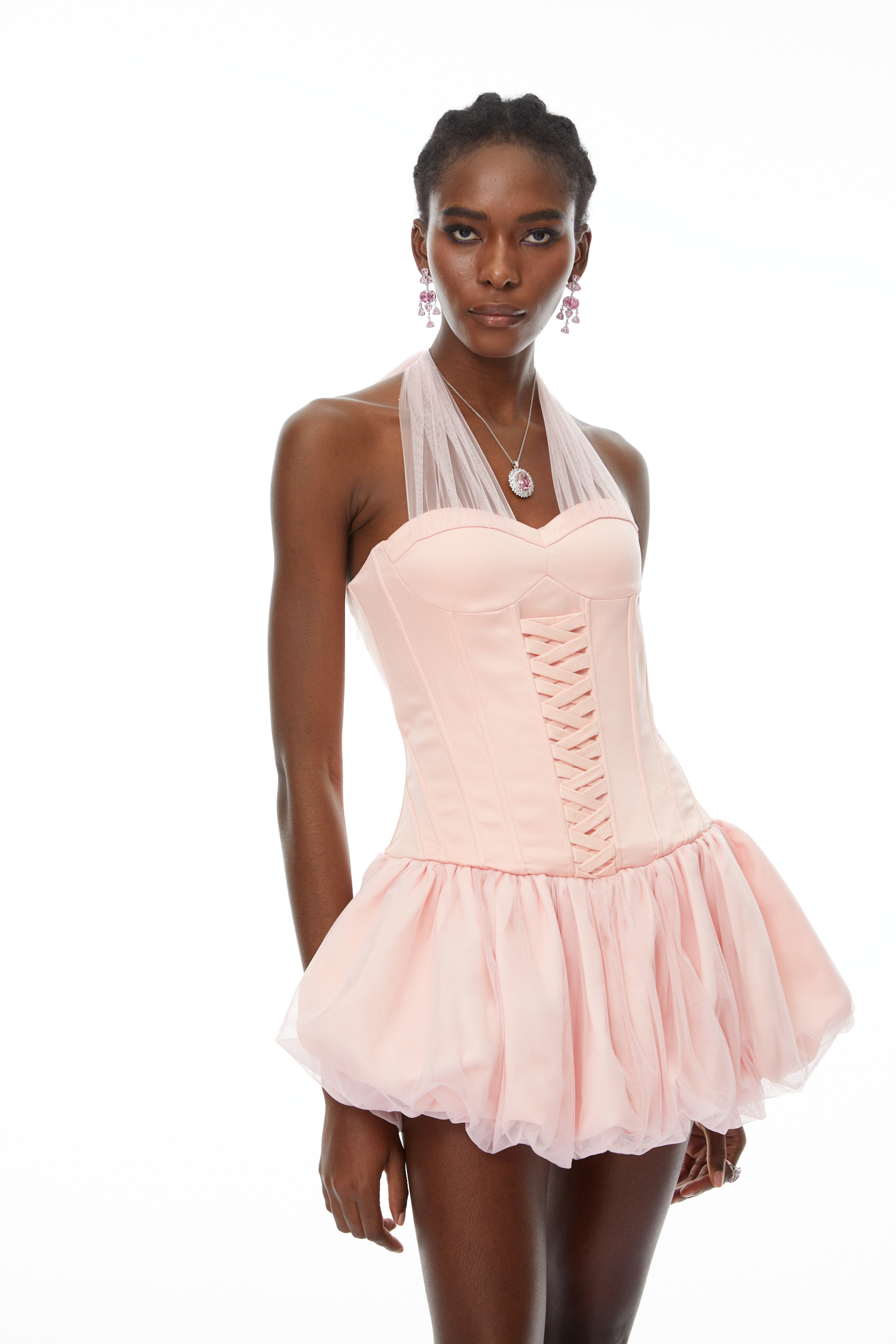 Constance Pink Halterneck Oraganza Panel Satin Mini Dress (Final Sale)