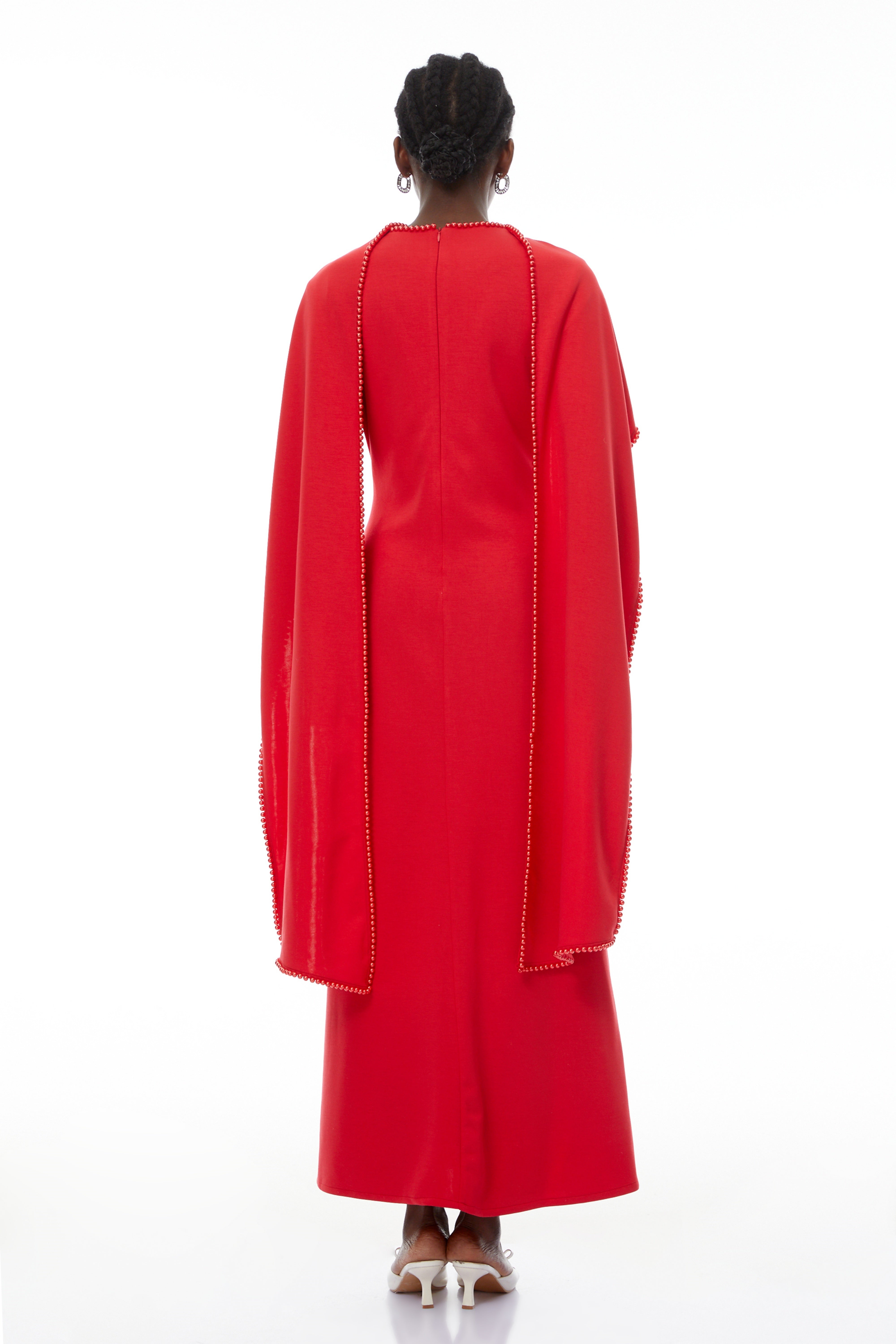 Piroska Red Pearl Trim Shawl Detail Maxi Dress