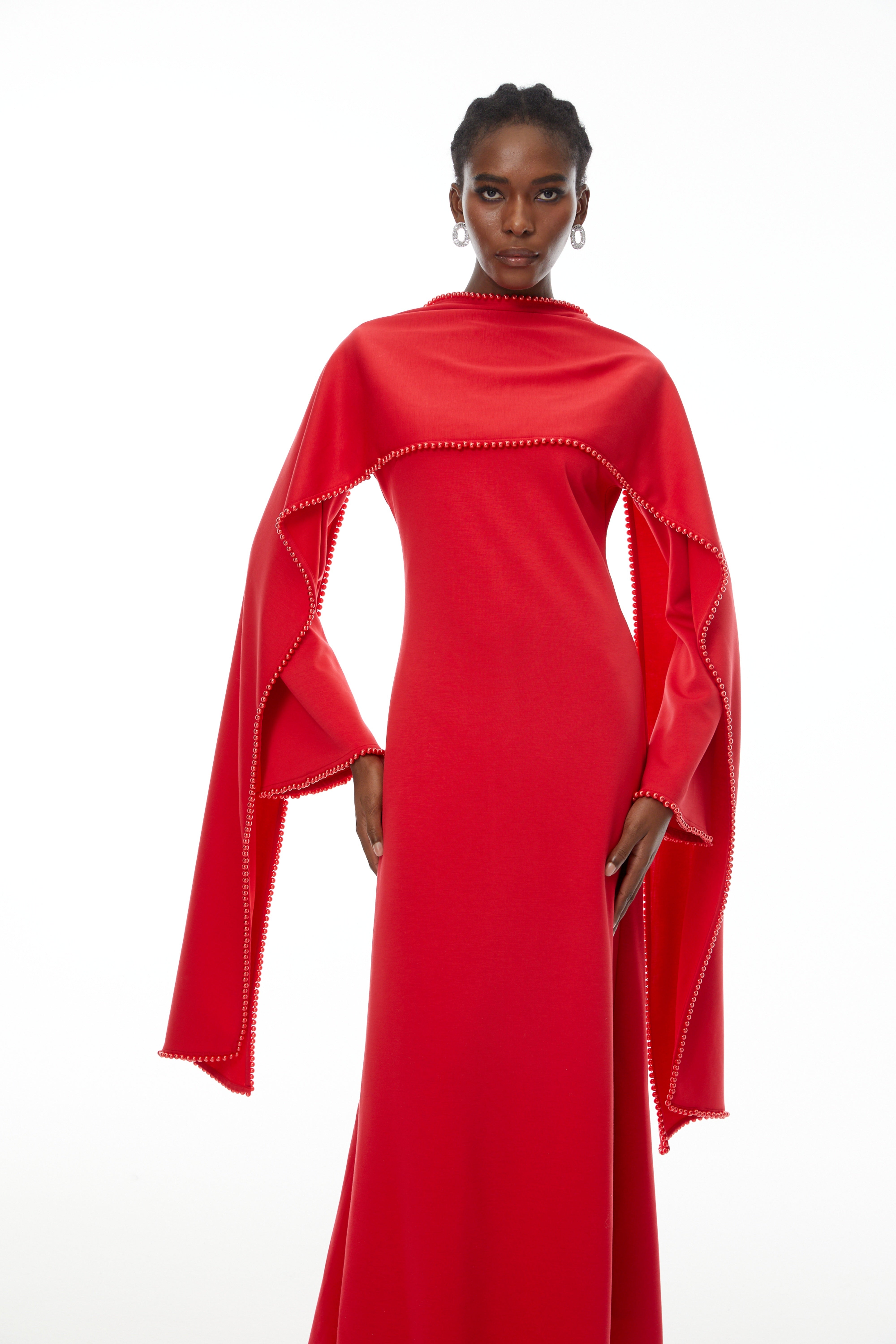 Piroska Red Pearl Trim Shawl Detail Maxi Dress