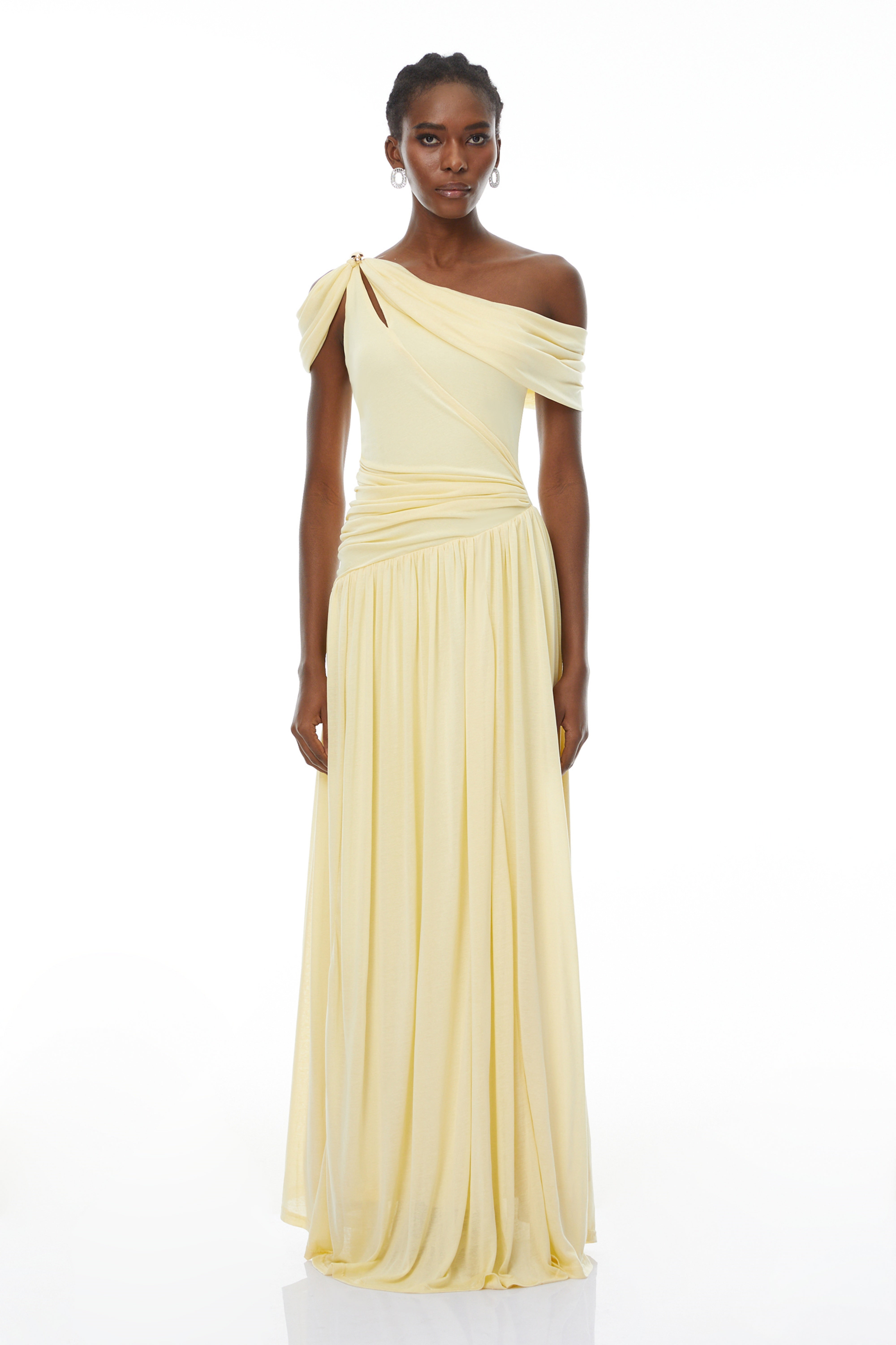 Sigrun Yellow Asymmetrical Gathered Maxi Dress (Final Sale-US Only)