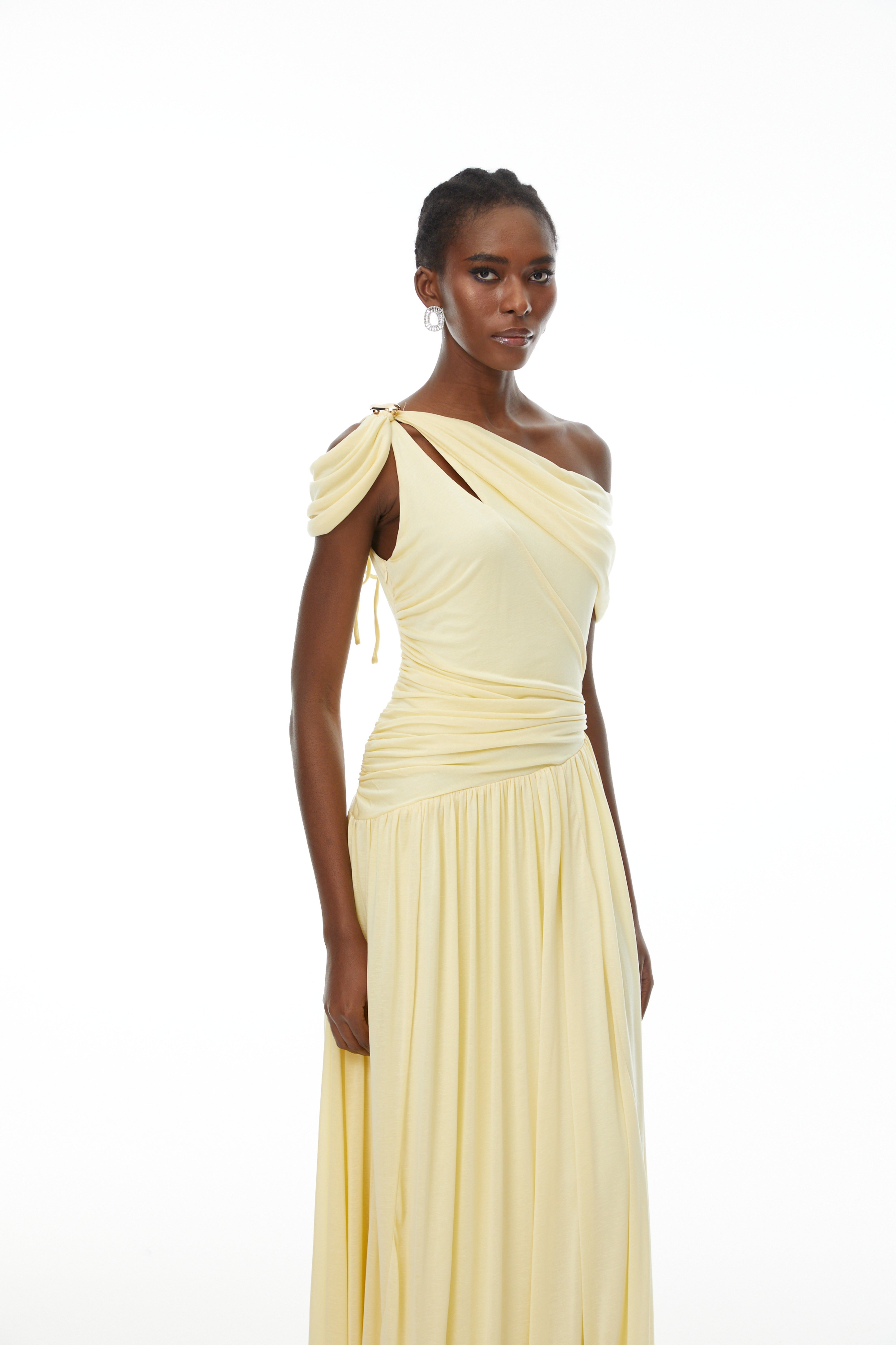 Sigrun Yellow Asymmetrical Gathered Maxi Dress (Final Sale-US Only)