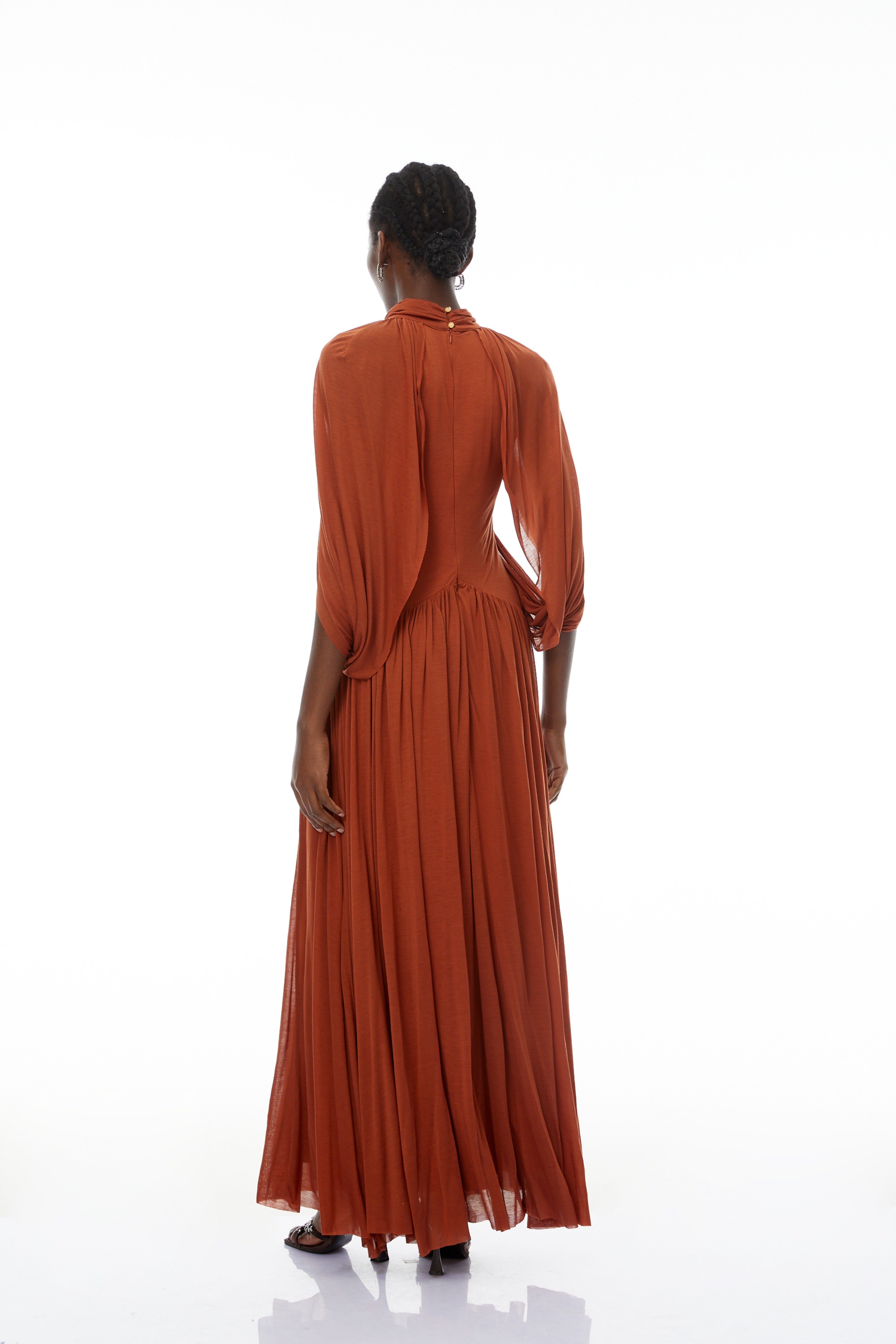 Bergljot Orange Cape Design Mesh Maxi Dress (Final Sale-US Only)