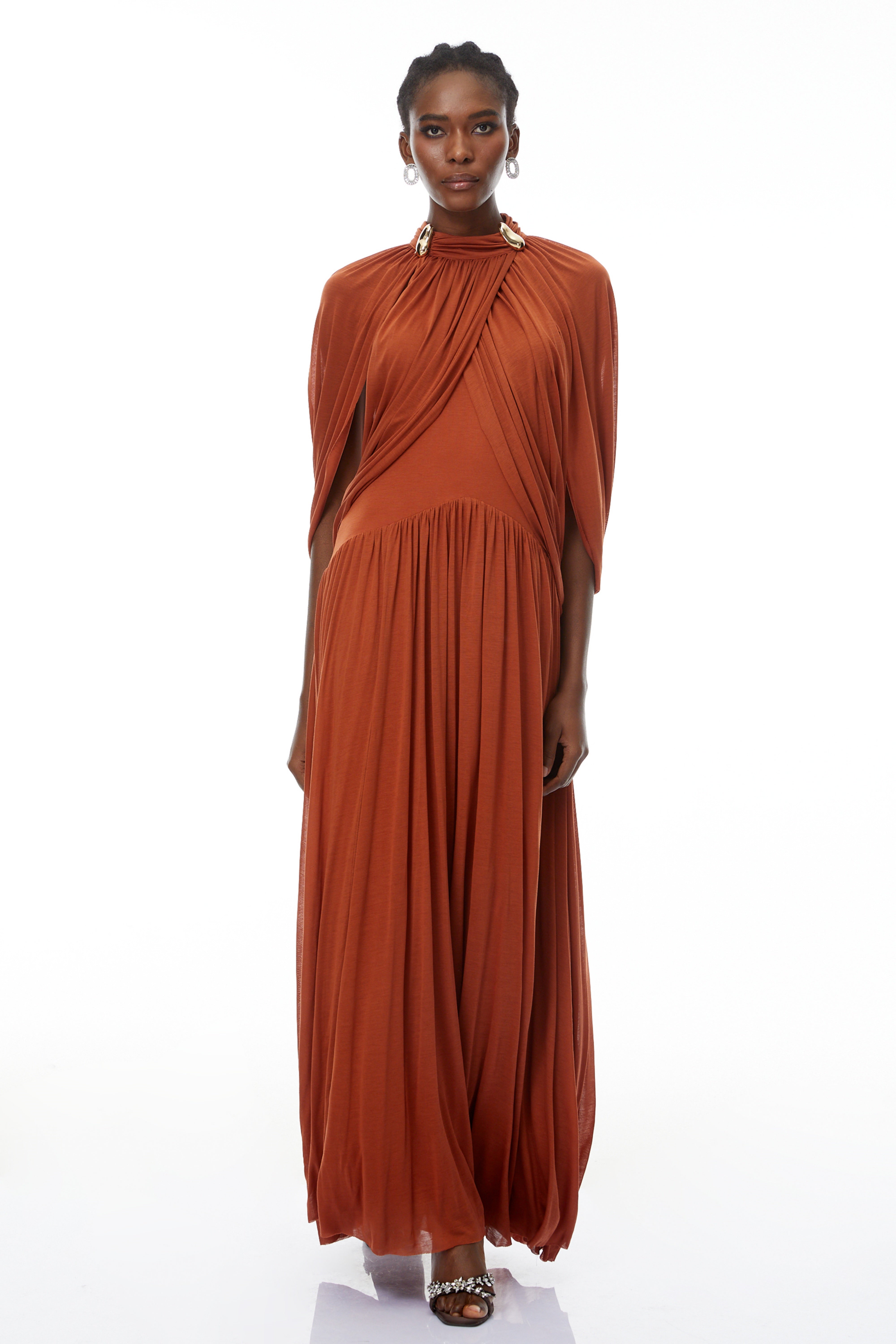 Bergljot Orange Cape Design Mesh Maxi Dress (Final Sale-US Only)