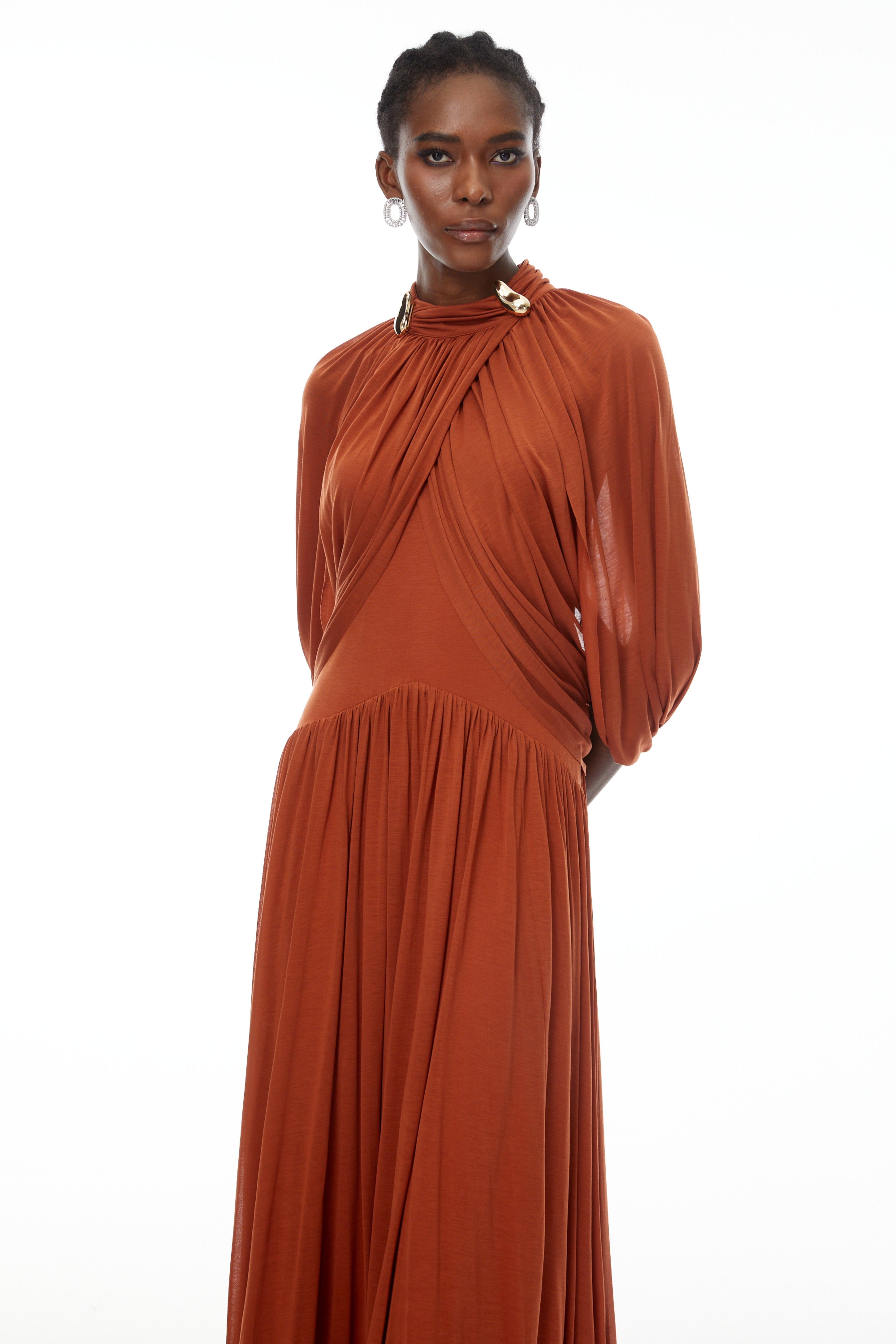 Bergljot Orange Cape Design Mesh Maxi Dress