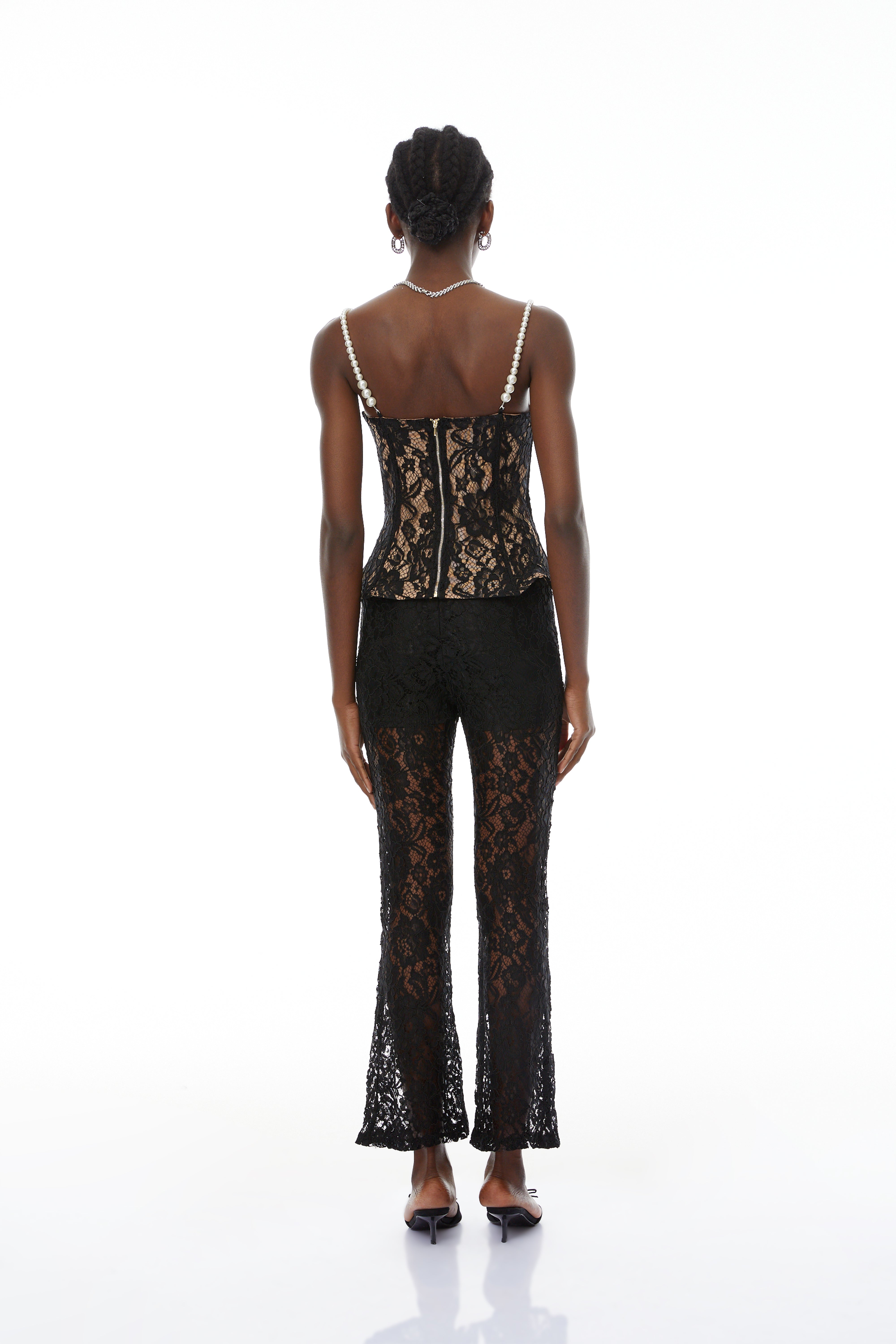 Védís Black Floral Lace Top & Trousers Set