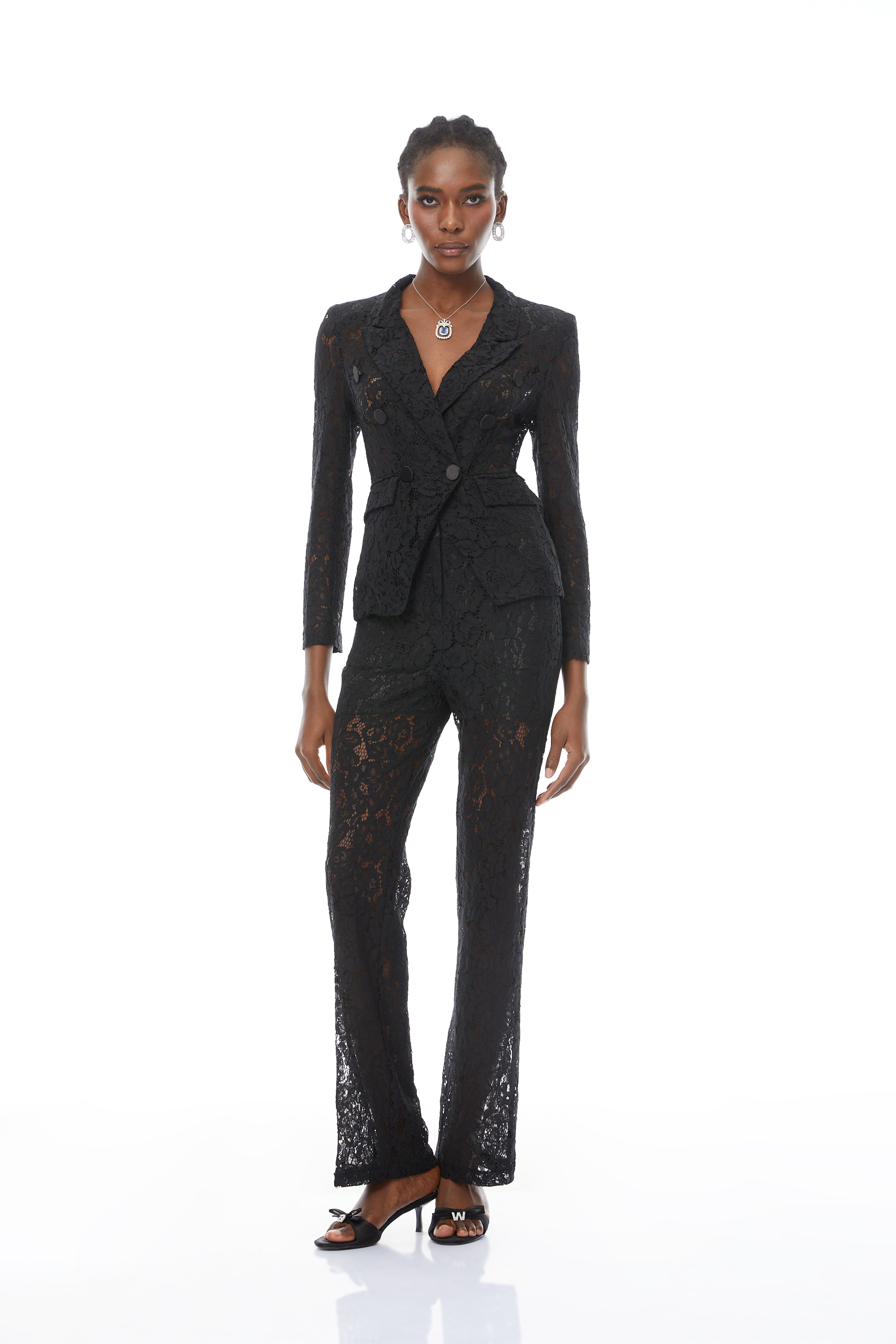 Zoé Black Sheer Lace Blazer & Trousers Matching Set