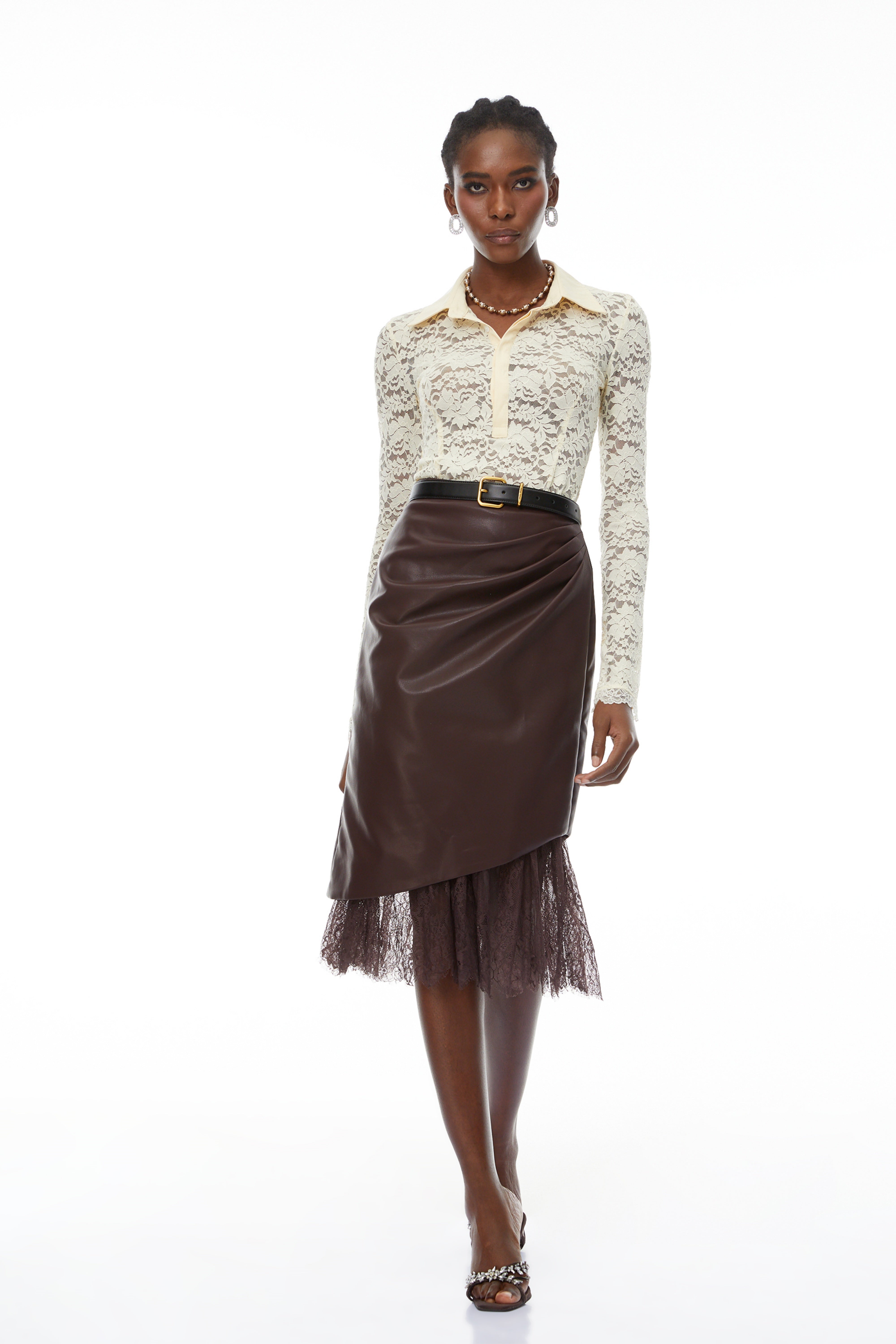 Sverre Brown Lace Hem Leather Skirt