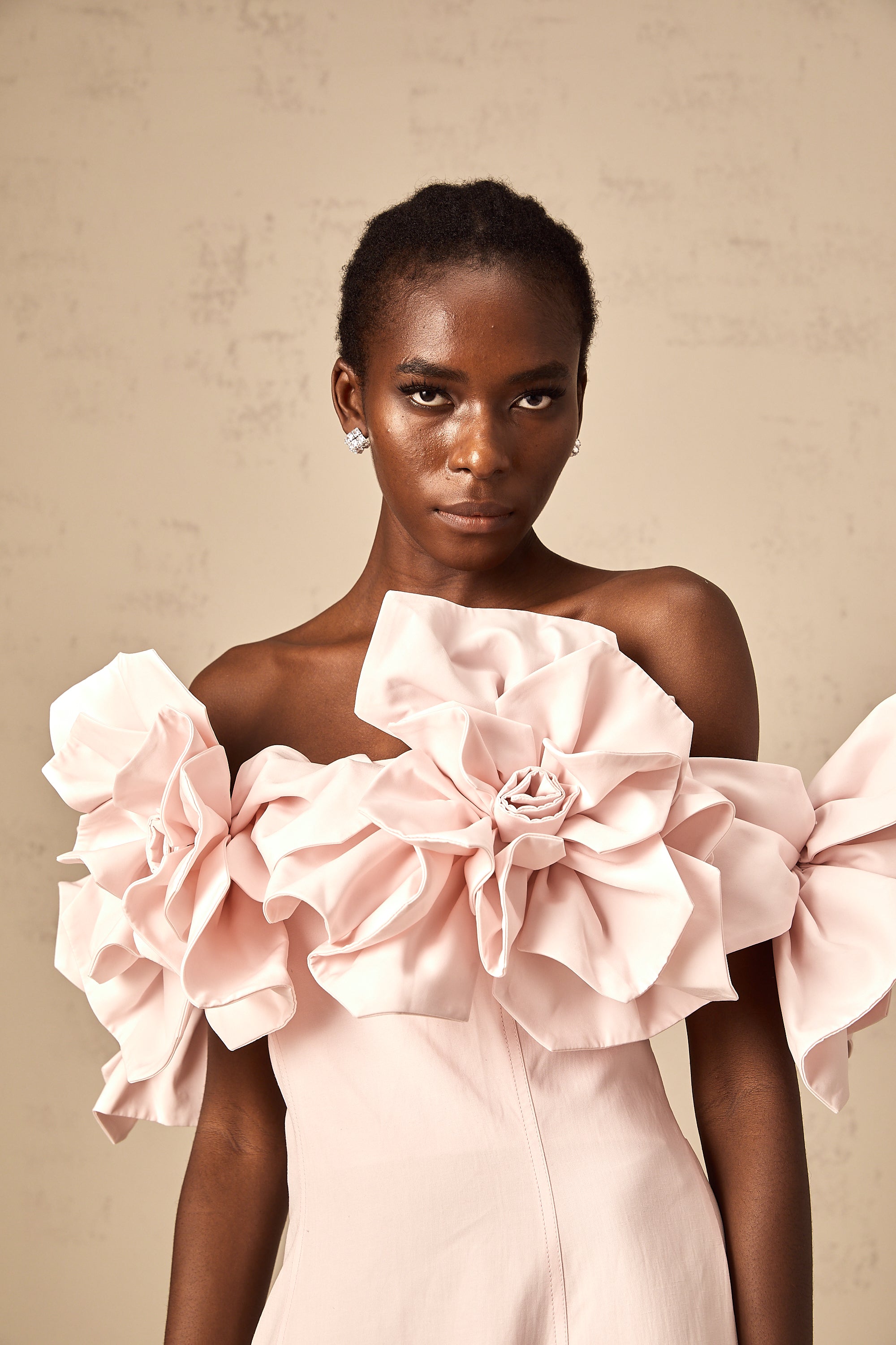 Juliette pink off-shoulder 3D-petal midi dress (Final Sale-US Only)