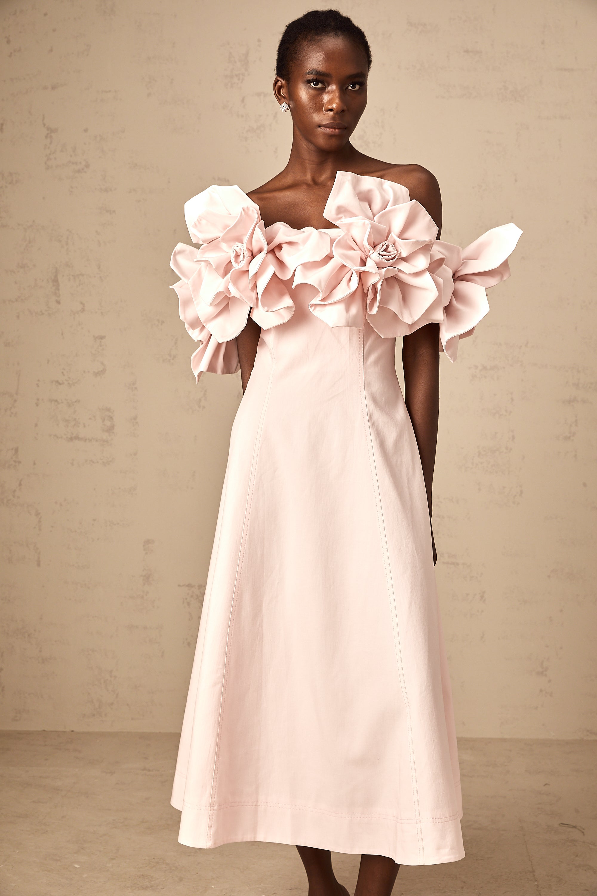 Juliette pink off-shoulder 3D-petal midi dress (Final Sale-US Only)