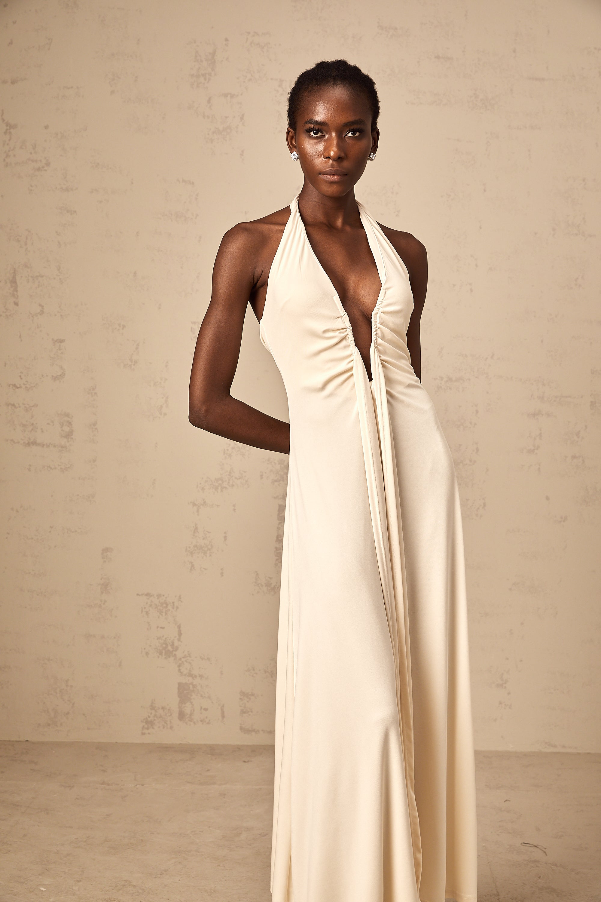 Géraldine white deep V-neck draped maxi dress