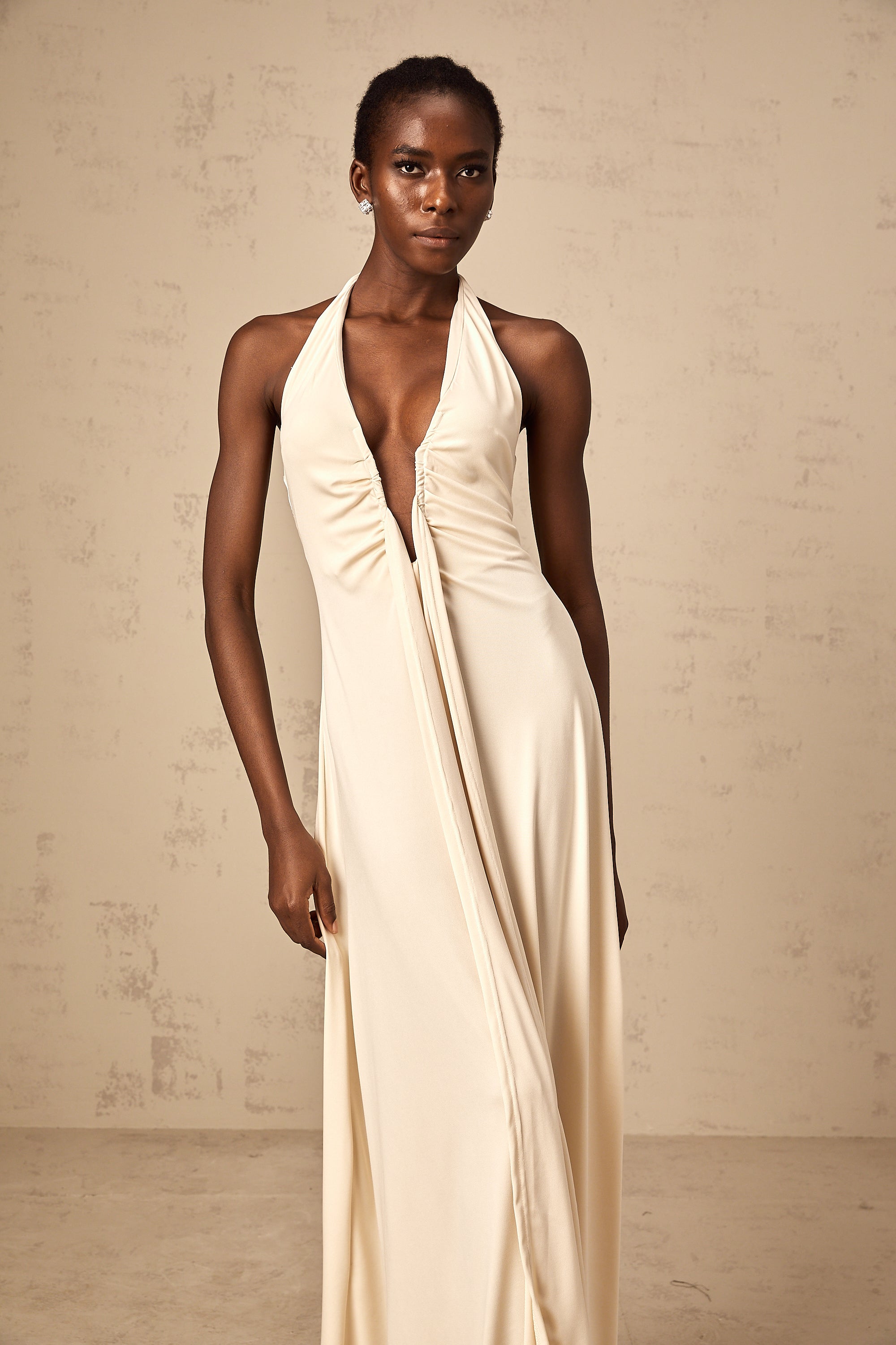 Géraldine white deep V-neck draped maxi dress
