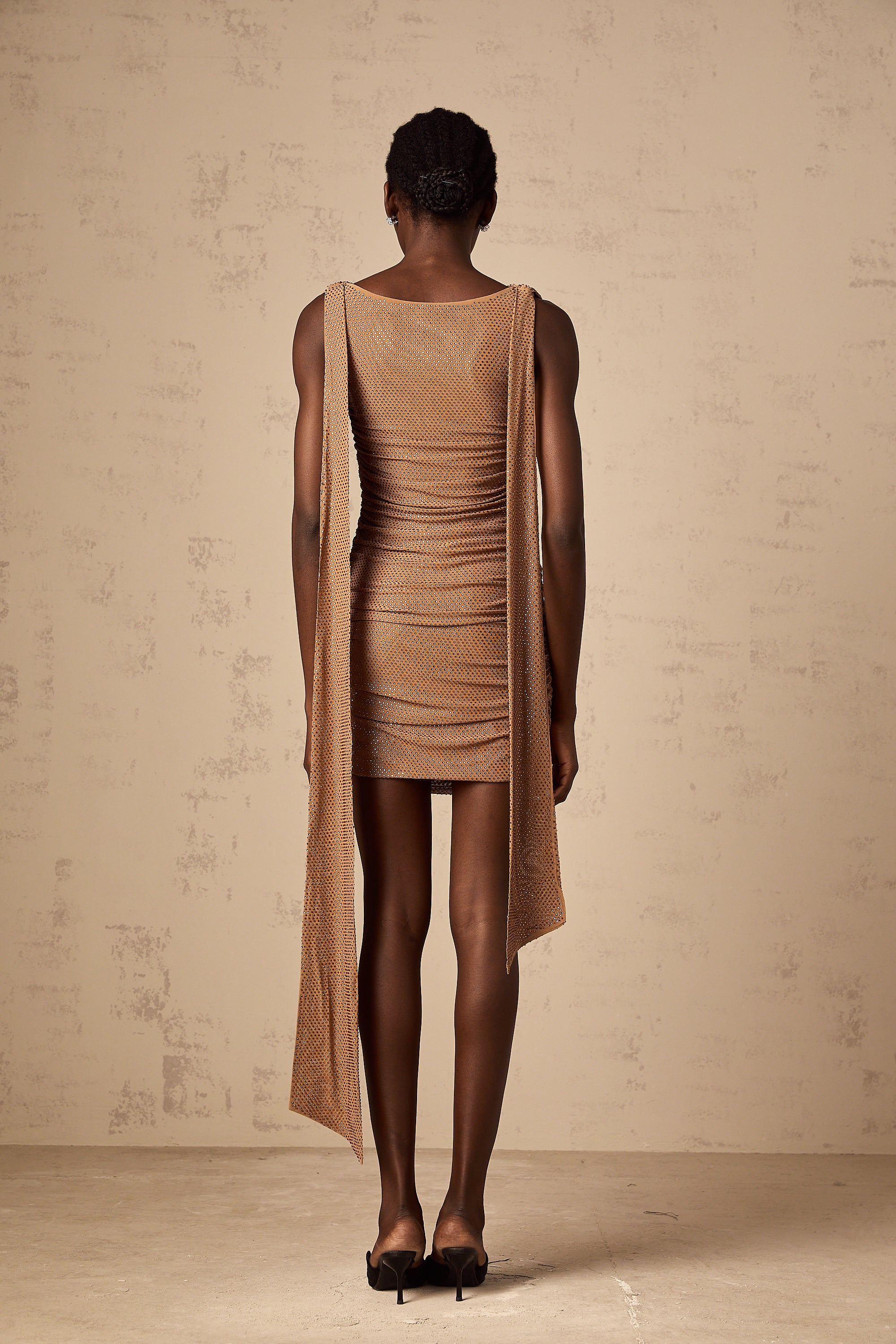 Jacqueline brown rhinestone mini dress