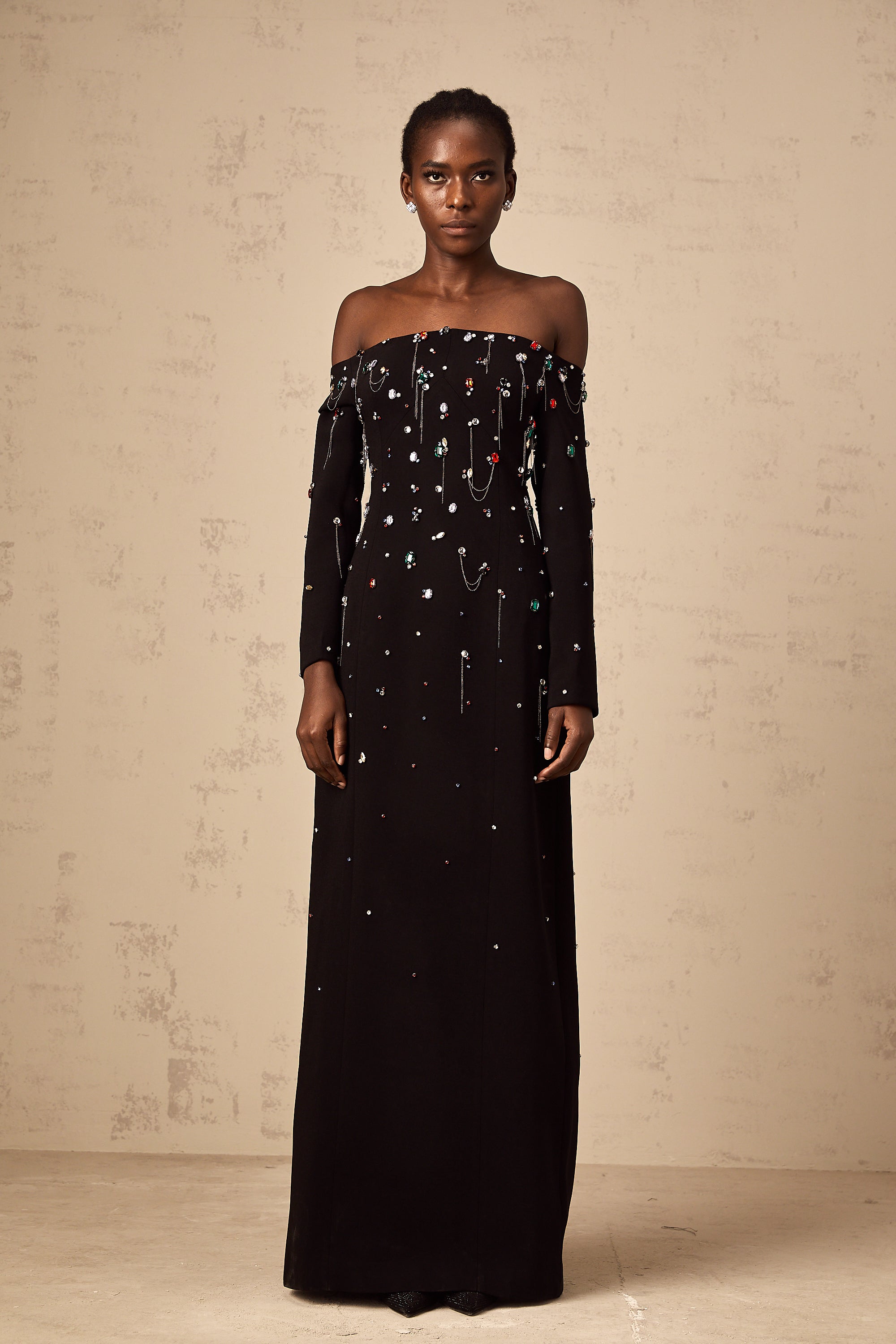 Gabrielle black crystal off-shoulder maxi dress (Final Sale-US Only)