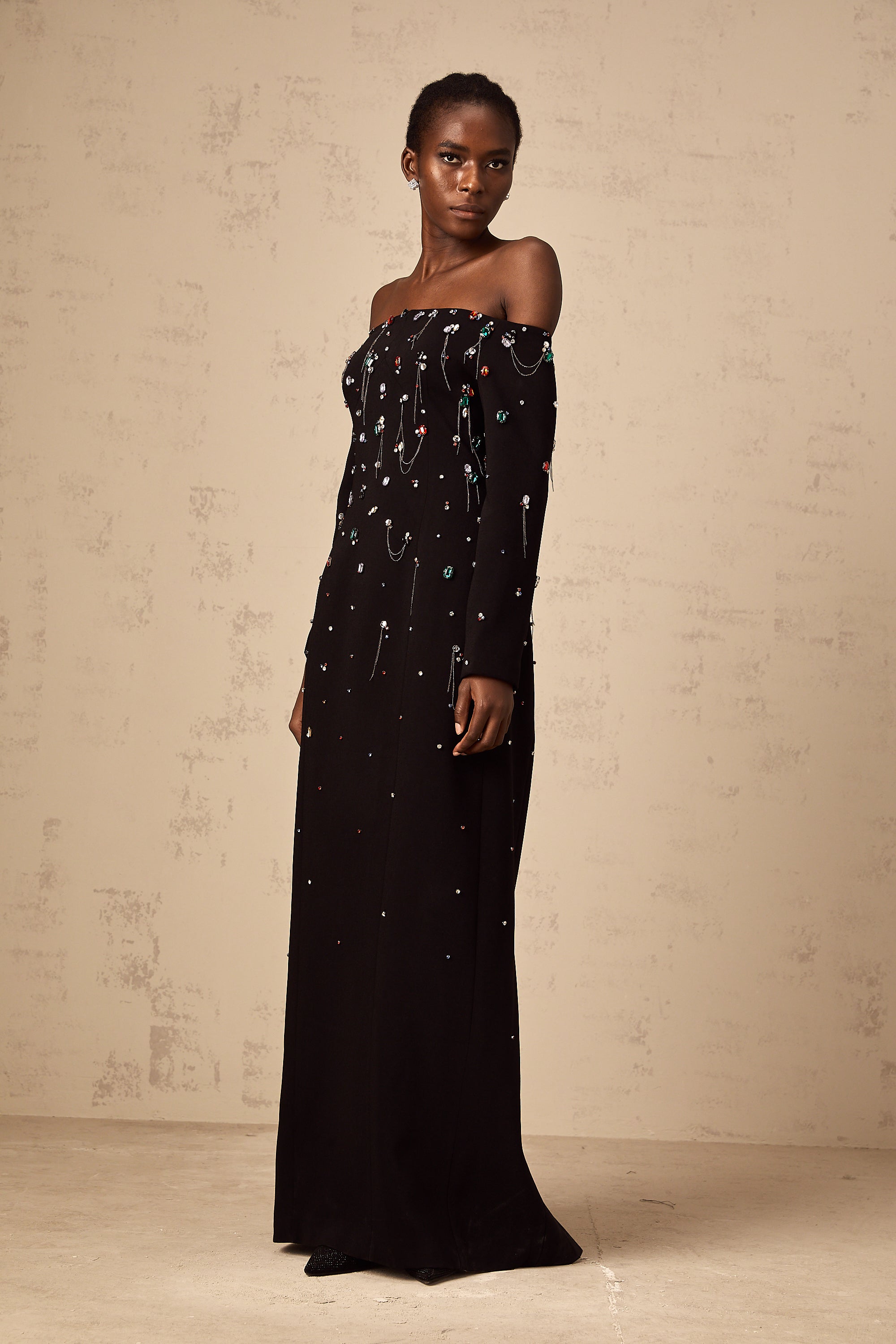 Gabrielle black crystal off-shoulder maxi dress (Final Sale-US Only)