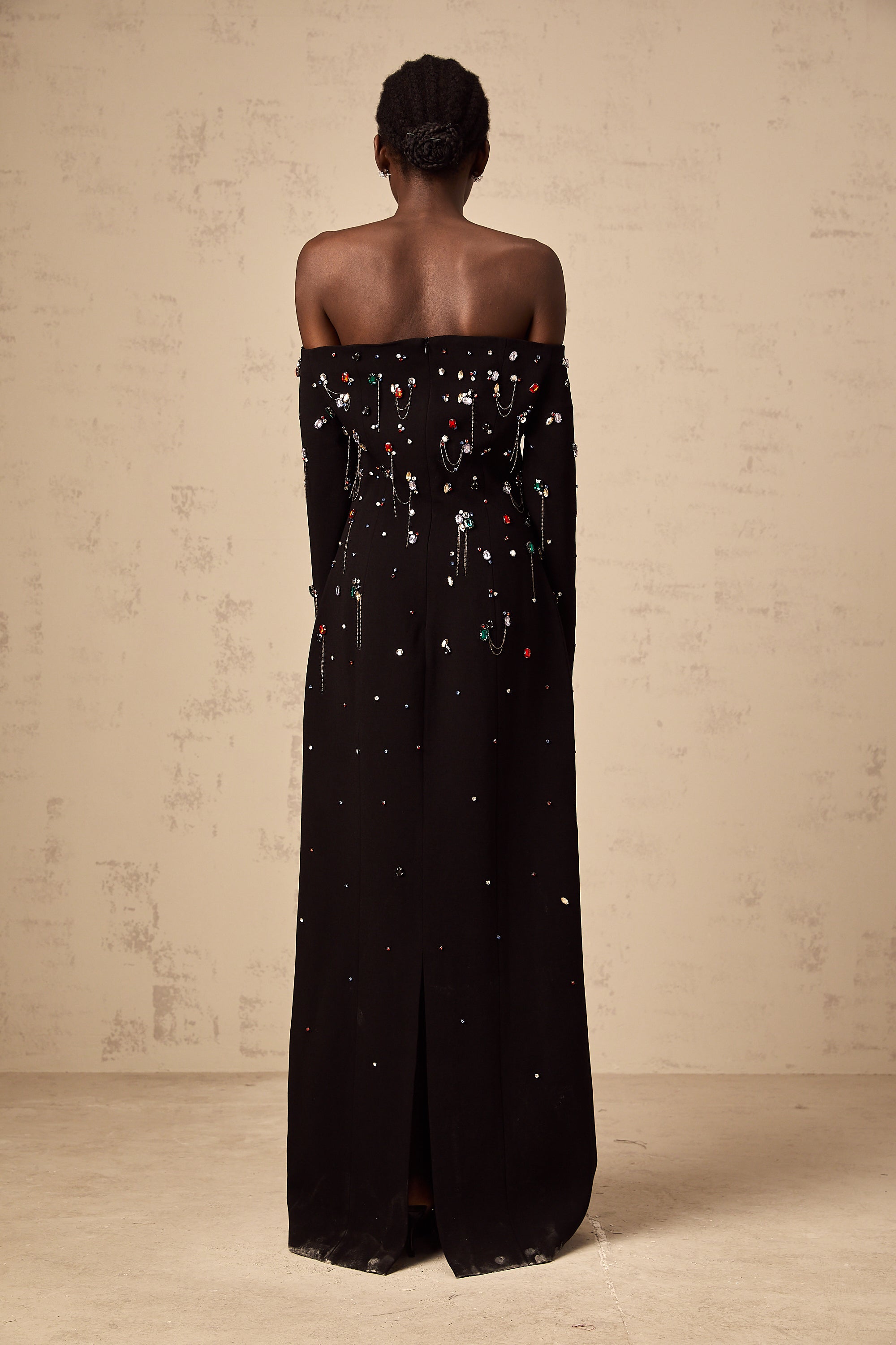 Gabrielle black crystal off-shoulder maxi dress