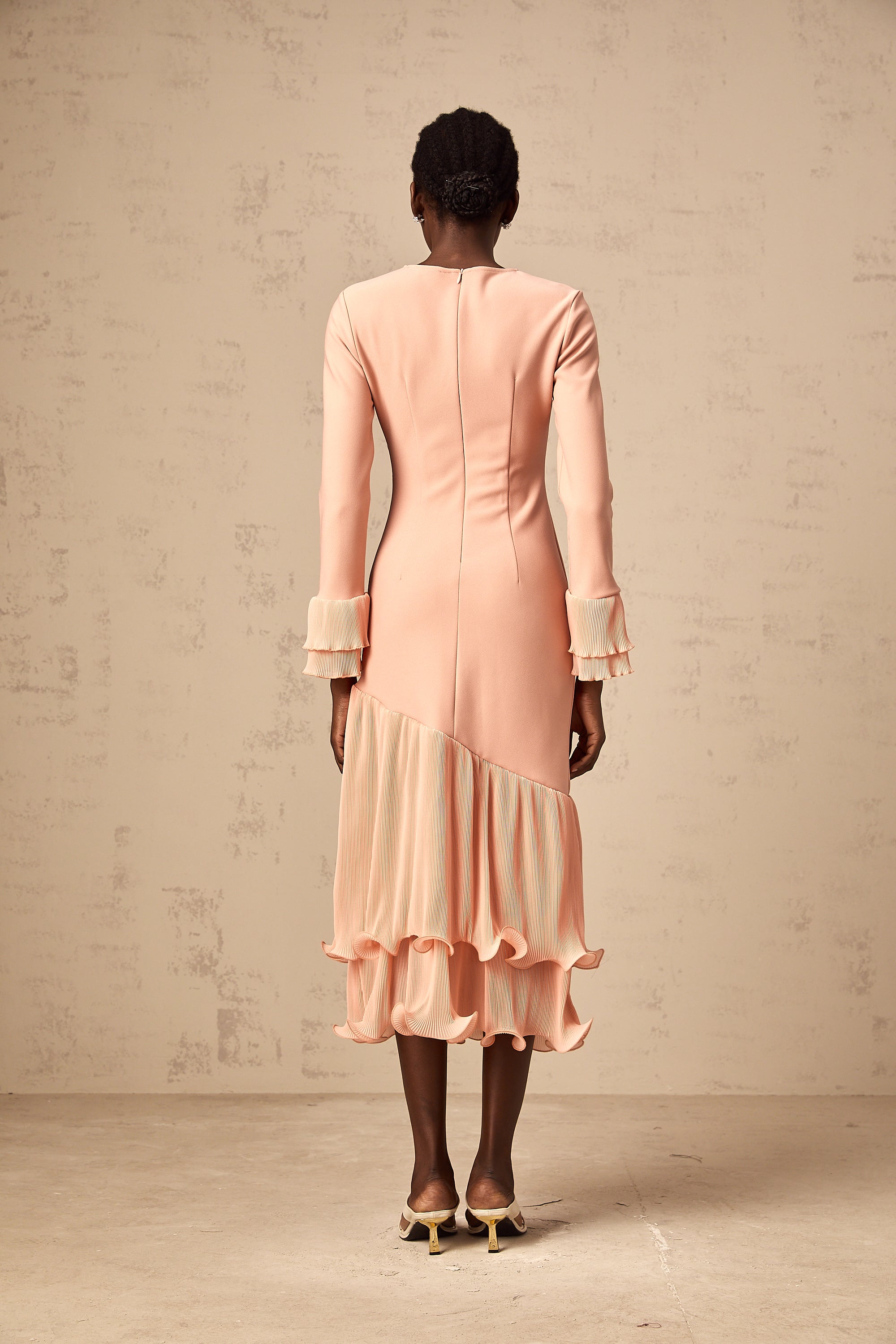 Fleurida ruffled-trim panelled midi dress in Pink