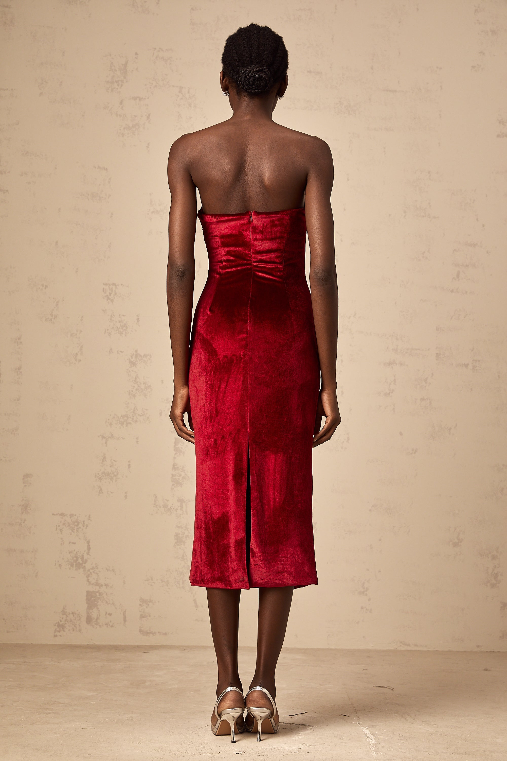Tiphaine red gathered-detail velvet midi dress