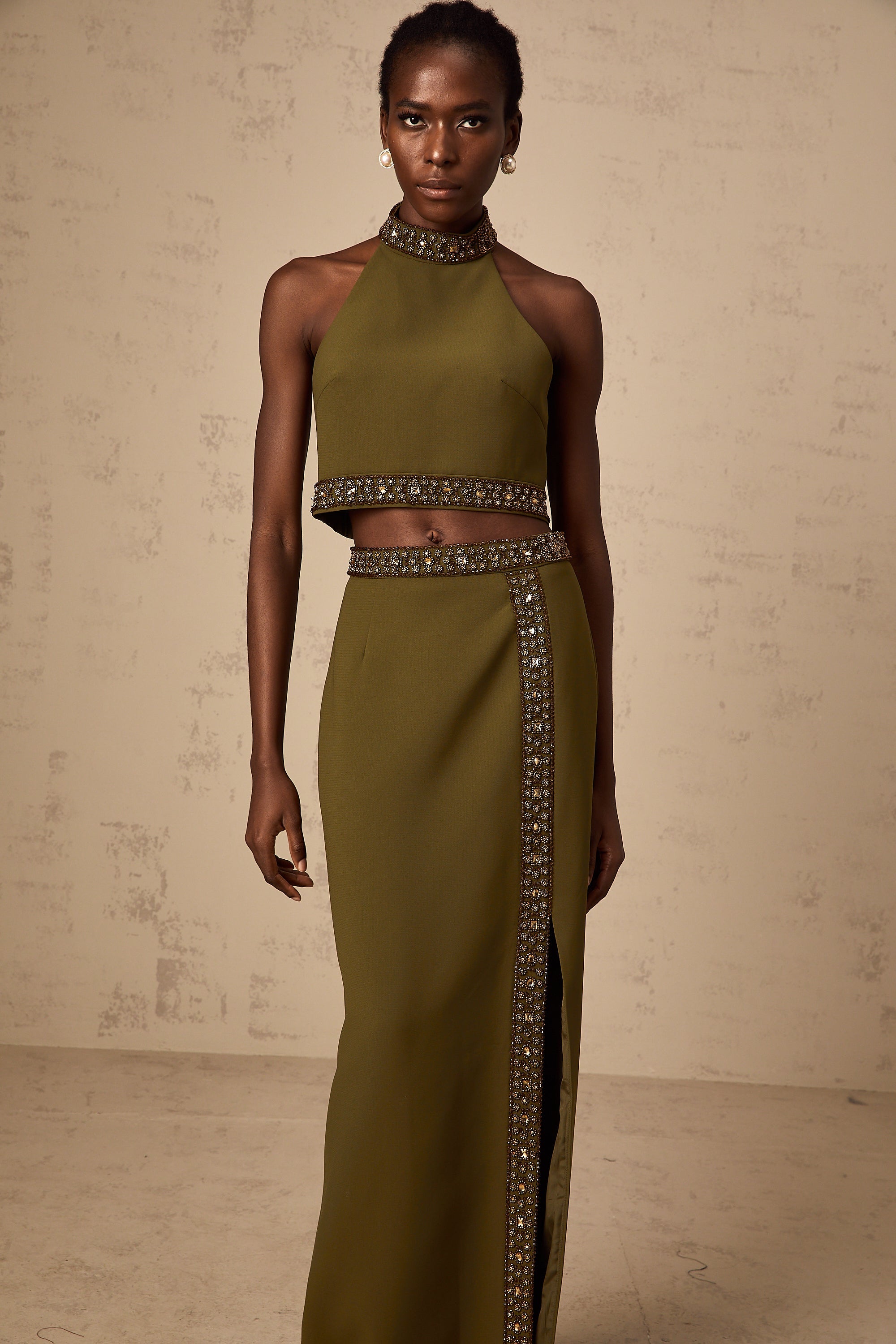 Daisy green beaded-trim top & skirt matching set (Final Sale-US Only)