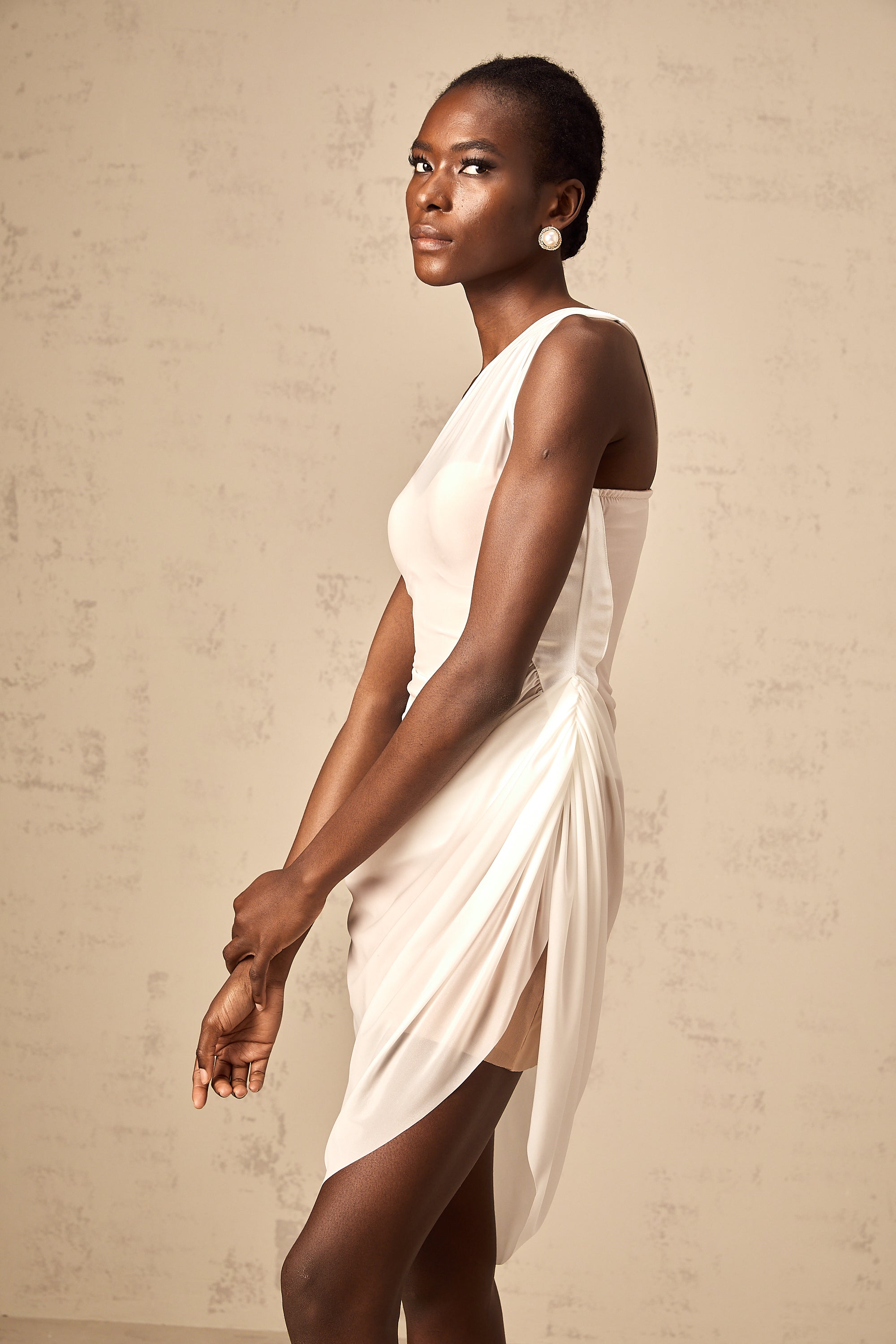 Ophélie white semi-sheer ruched midi dress