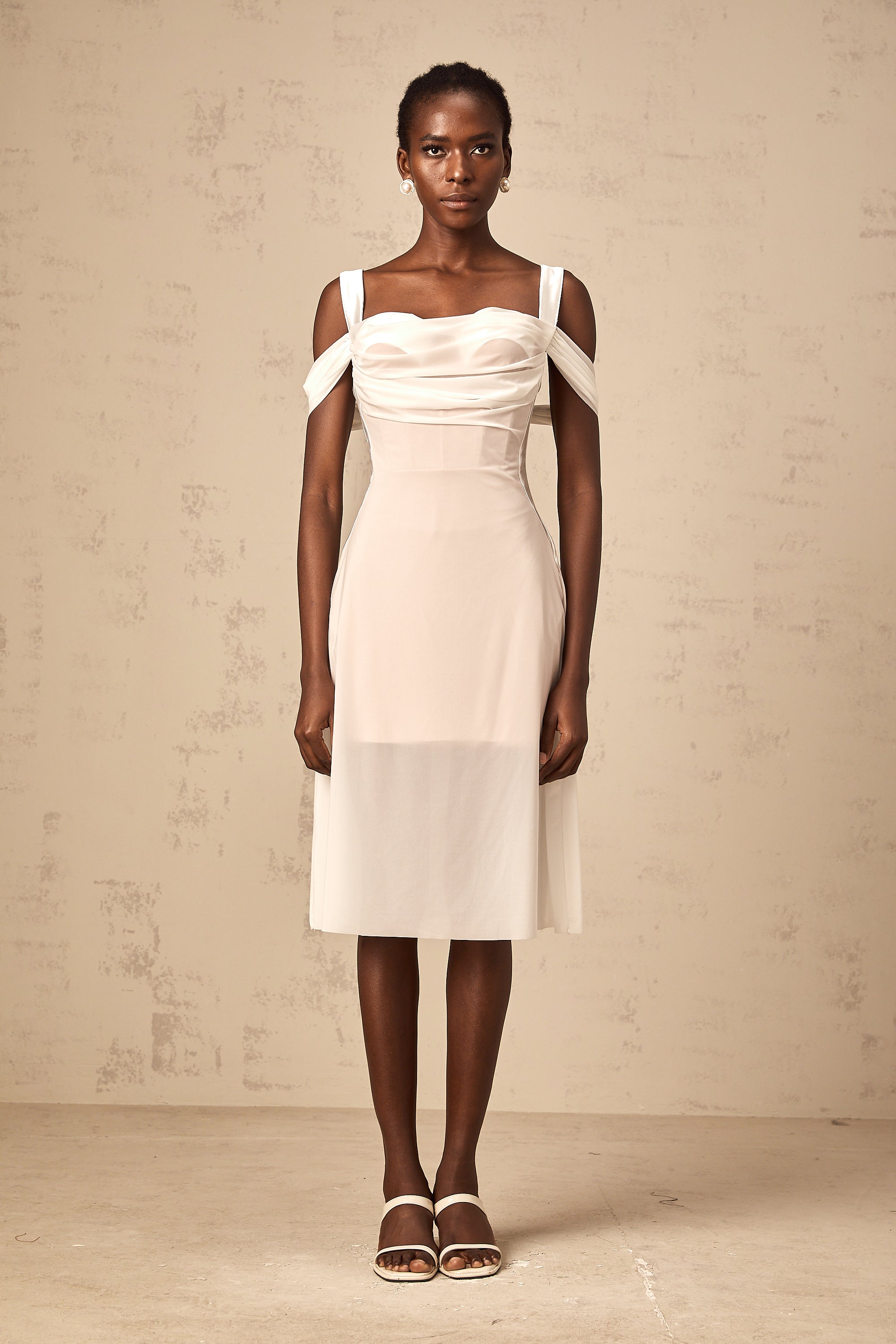 Gloria white semi-sheer ruched midi dress