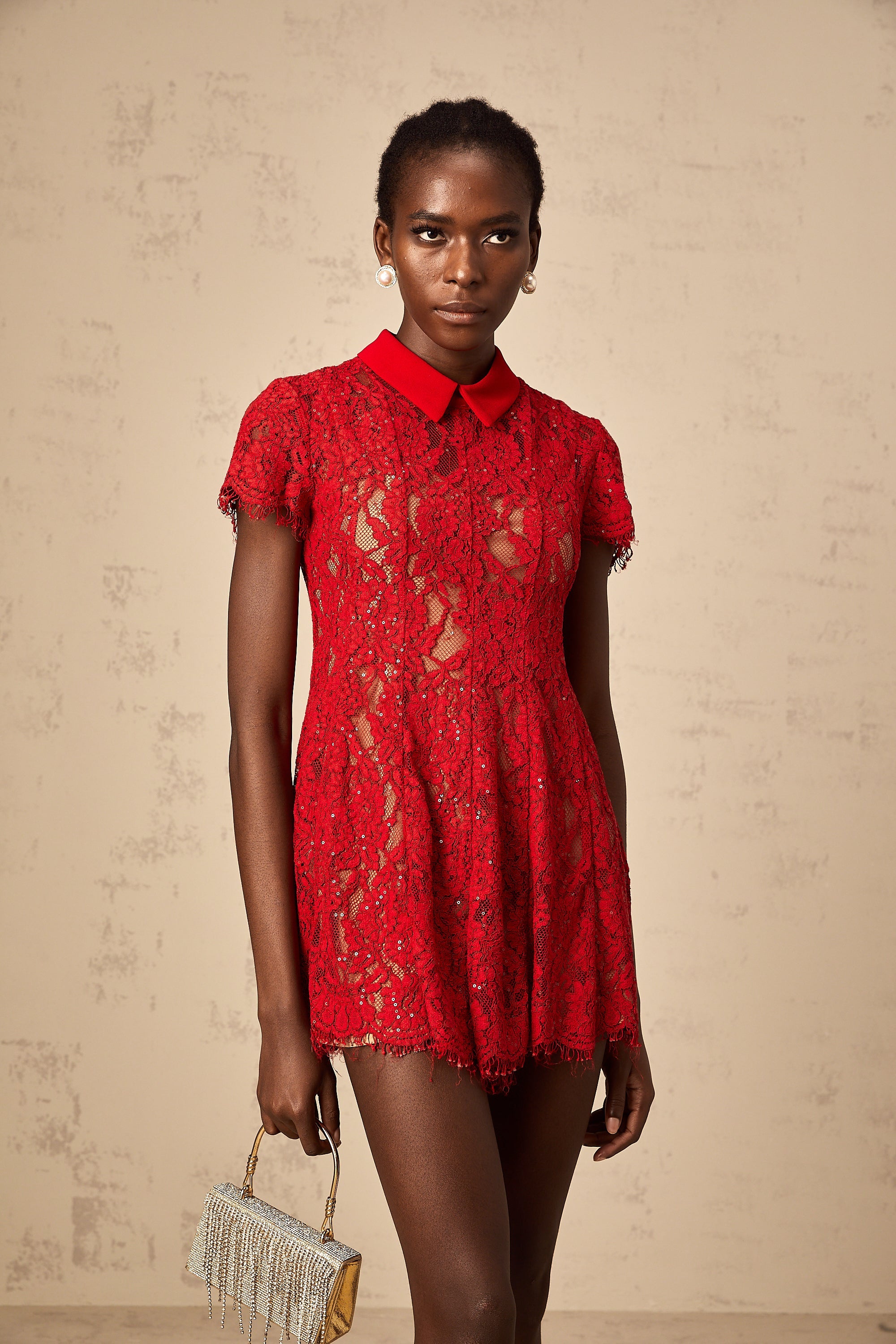 Hanne red sequined lace mini dress