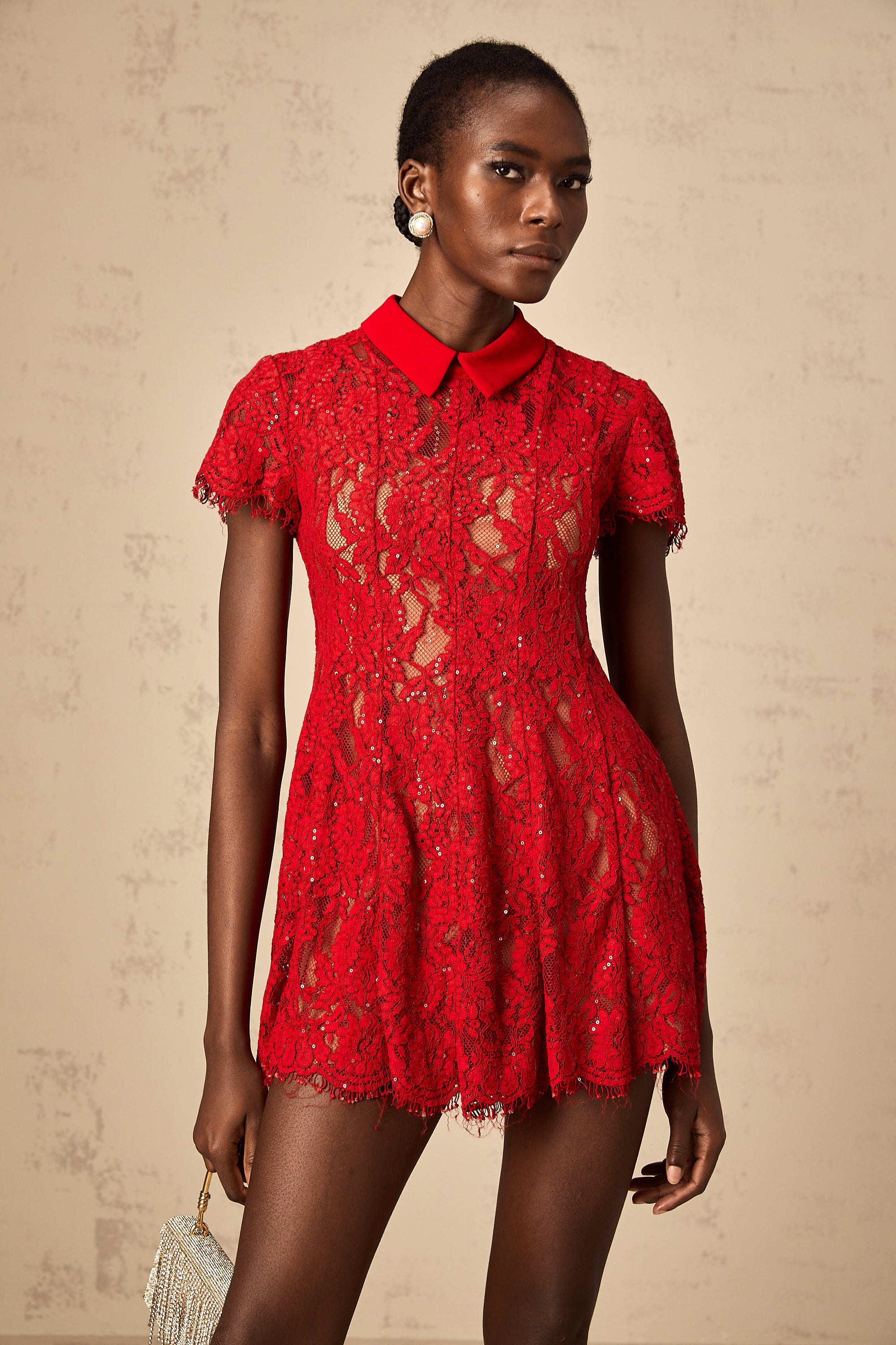 Hanne red sequined lace mini dress