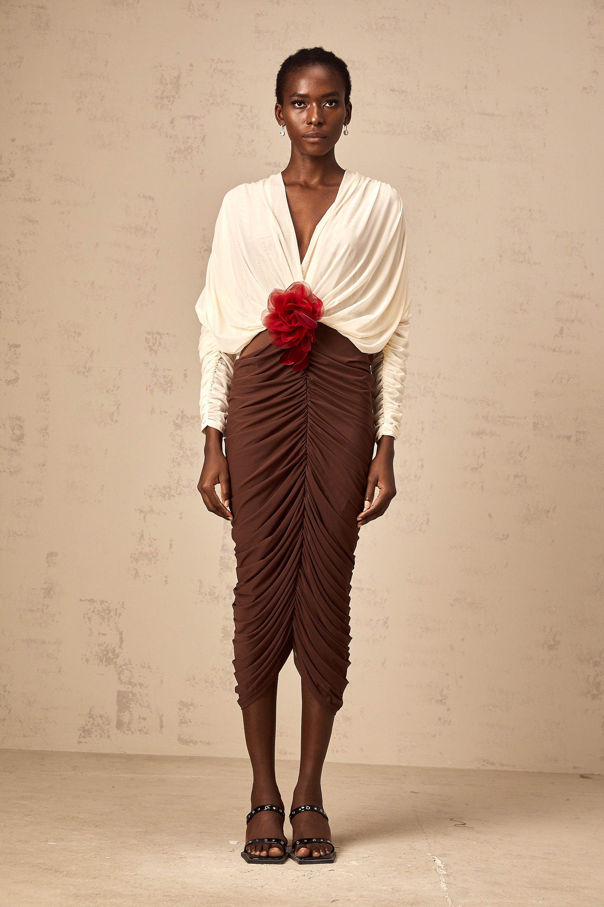 Léontine color-blocked flower-brooch ruched midi dress (Final Sale)