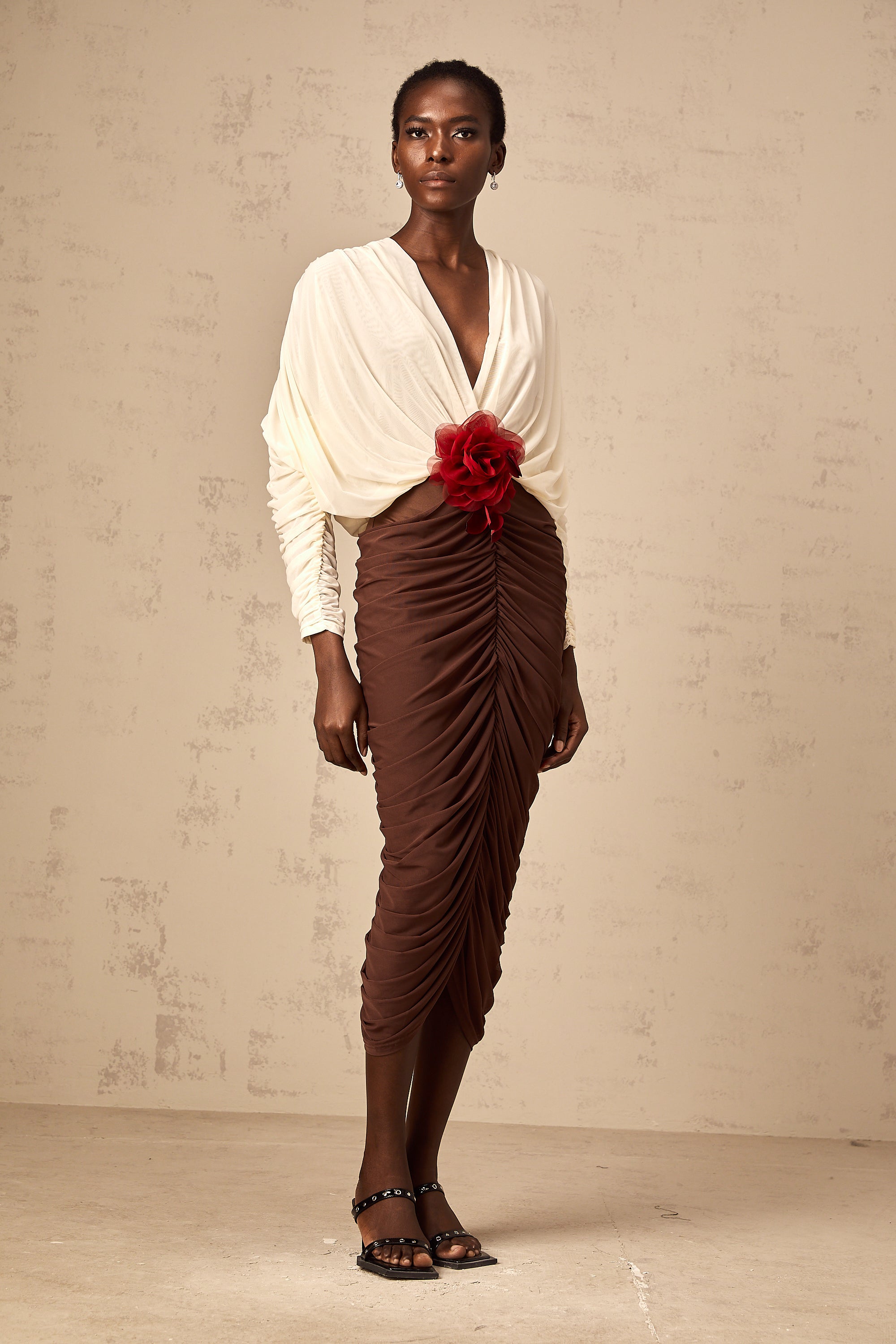 Léontine color-blocked flower-brooch ruched midi dress (Final Sale)