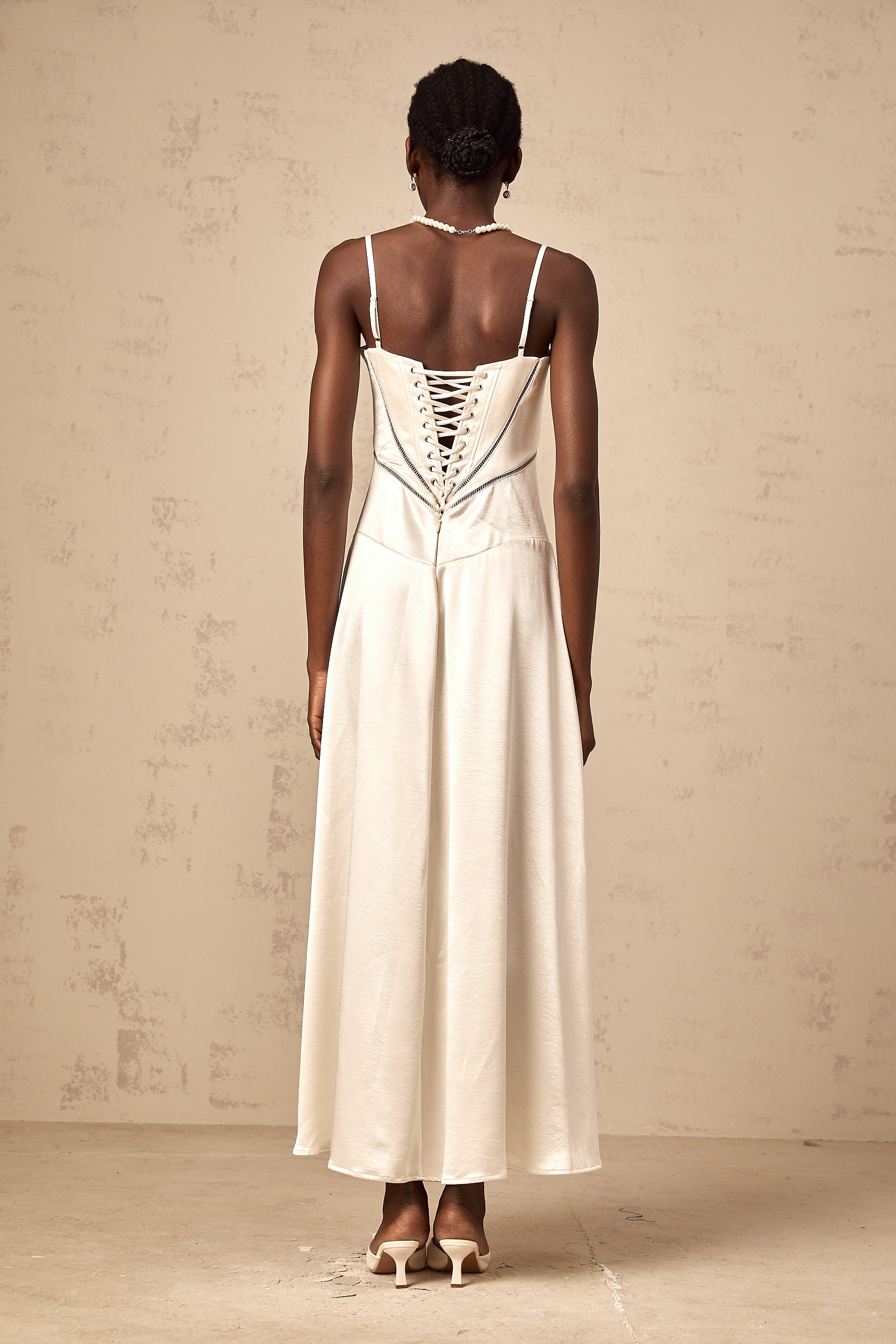 Claudia white flared satin maxi dress