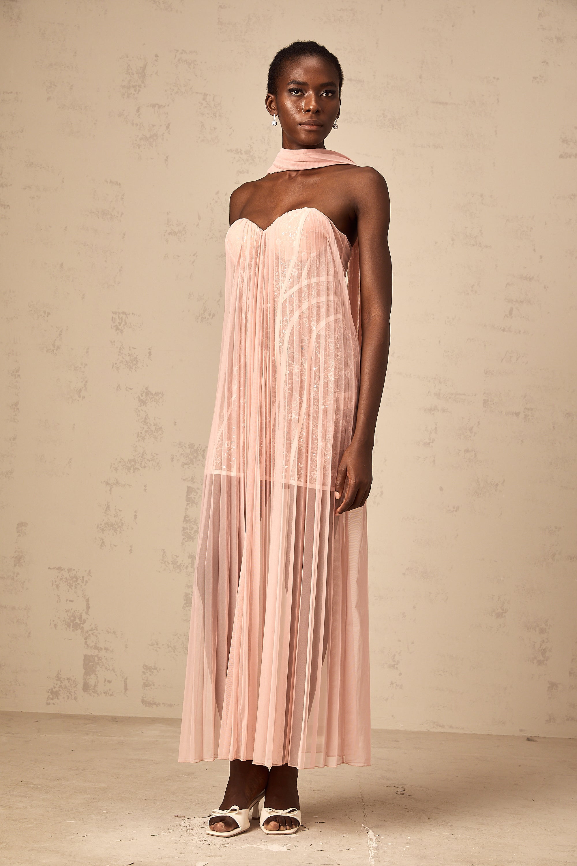 Monique ribbon-design pleated tulle maxi dress in Pink