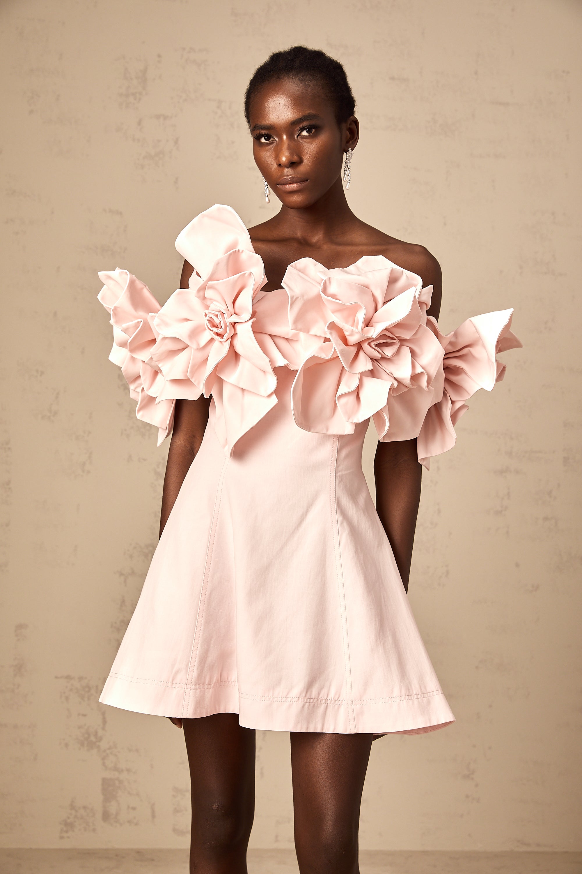 Juliette pink off-shoulder 3D-petal mini dress