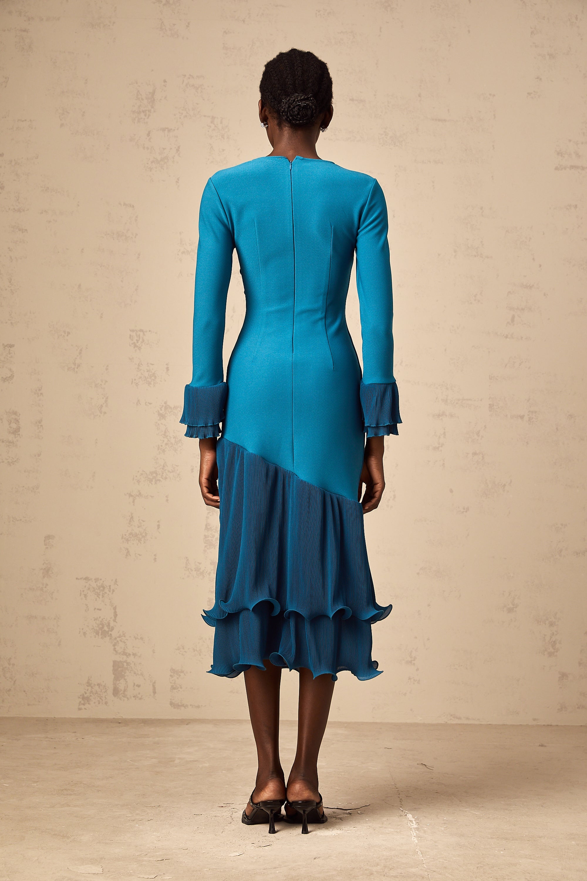 Fleurida ruffled-trim panelled midi dress in Blue (Final Sale-US Only)