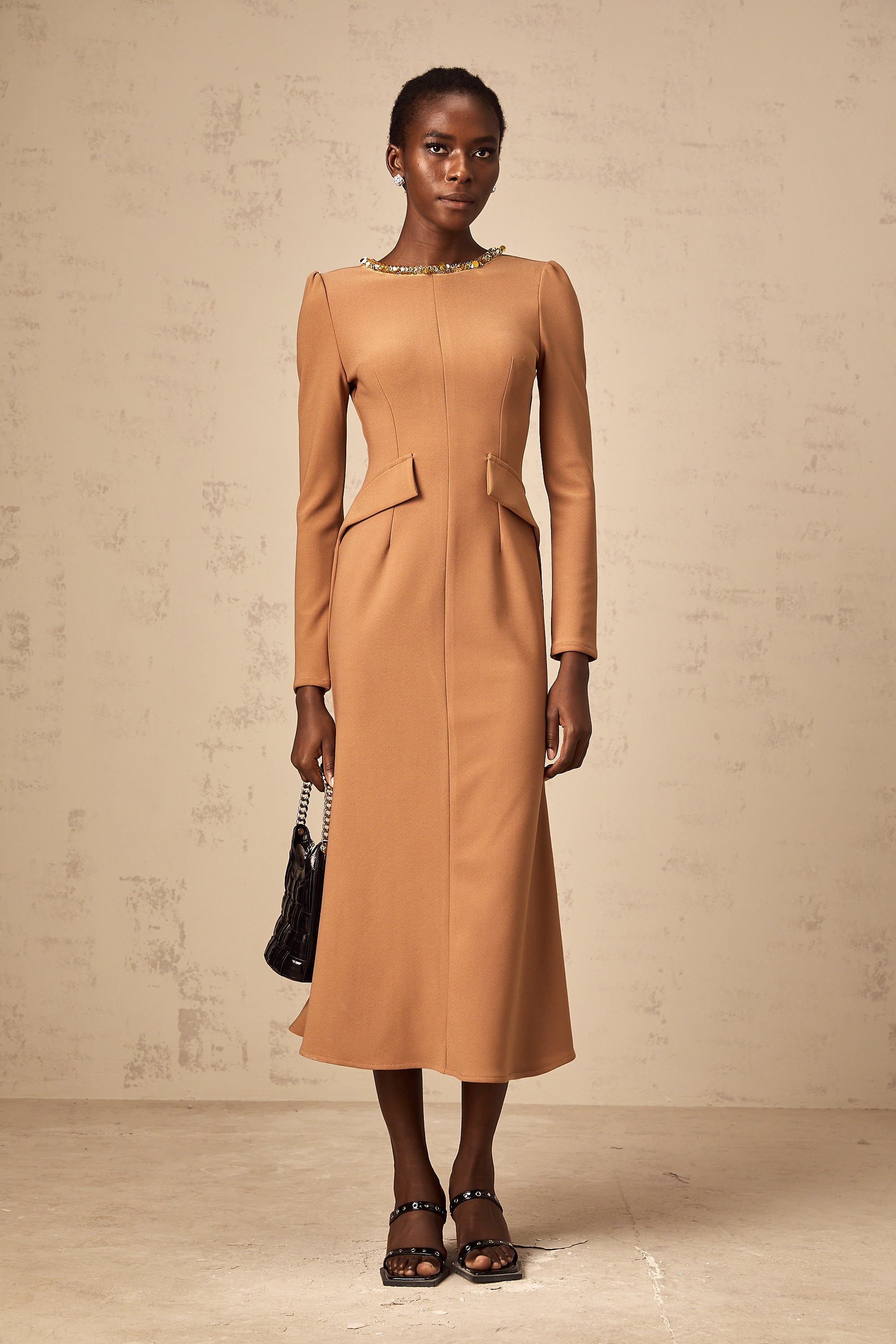 Doriane khaki sequin-embellished midi dress (US Only)