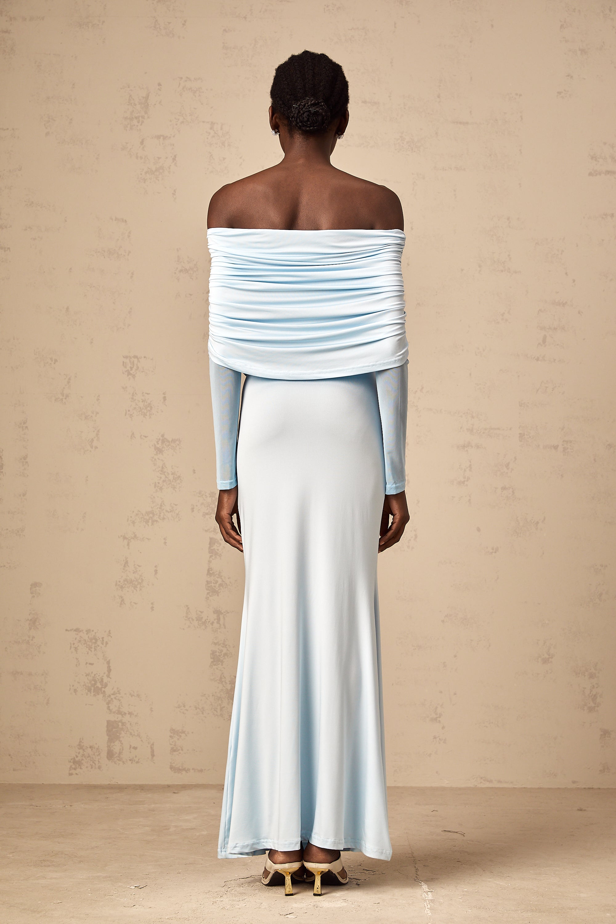 Ninon blue off-shoulder ruched maxi dress