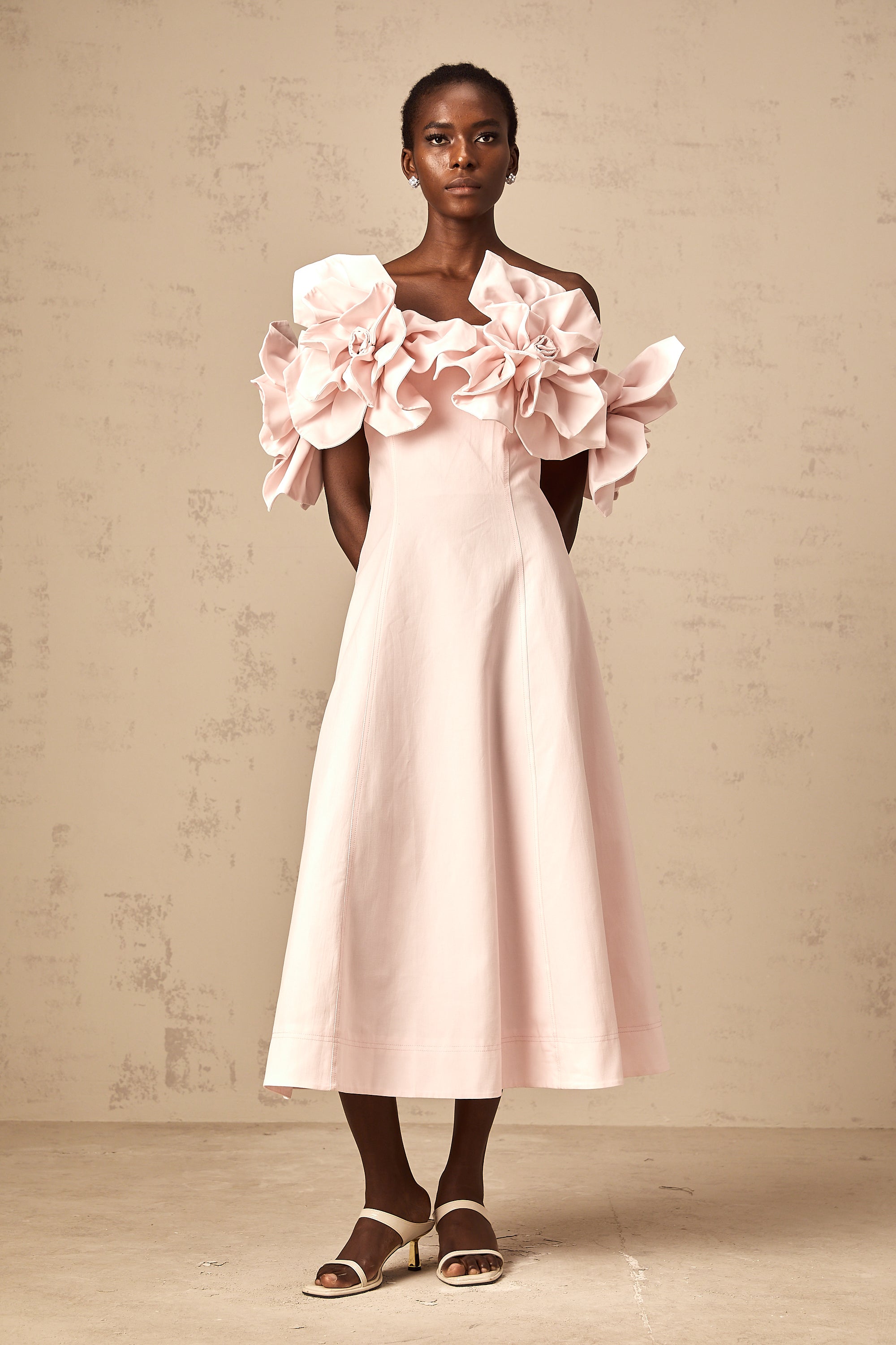 Juliette pink off-shoulder 3D-petal midi dress (Final Sale-US Only)